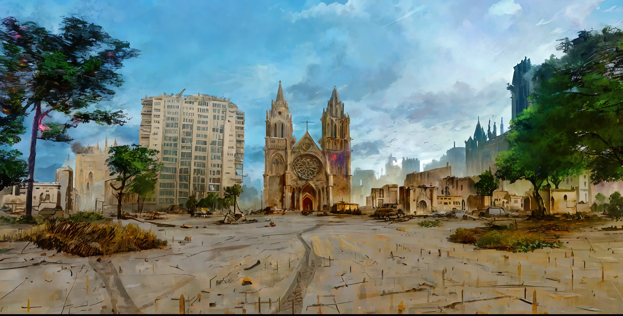 Post-apocalyptic scene of a city, with a cathedral in the center and buildings on the sides.