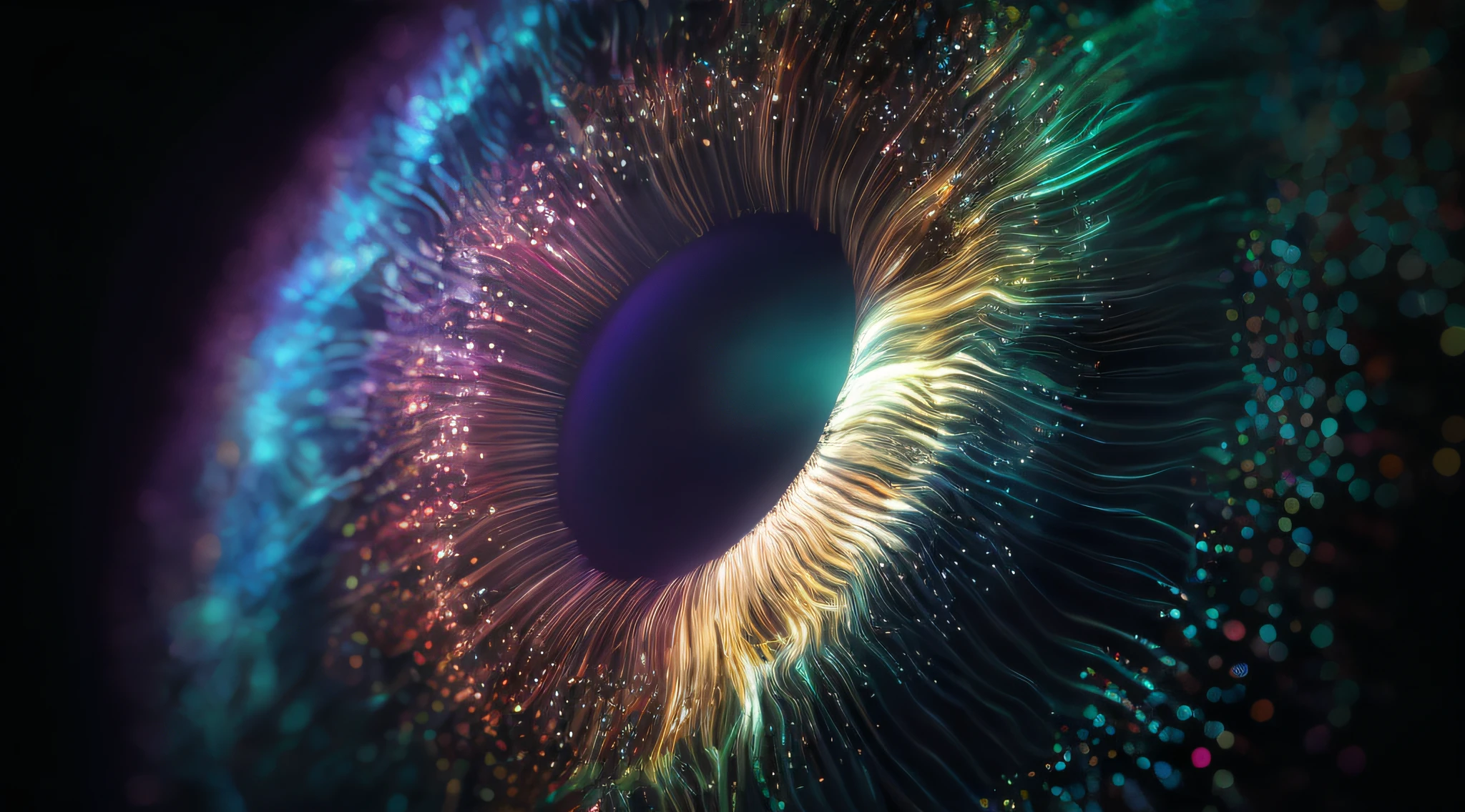 brightly colored eye with a black background and a dark background, 4k highly detailed digital art, the eye of the universe, otherworldly visuals, beautiful composition 3 - d 4 k, apophysis av 8 k uhd, iris human's eye photo, macro photo of a human eye, 3d digital art 4k, bright microscopic view realism