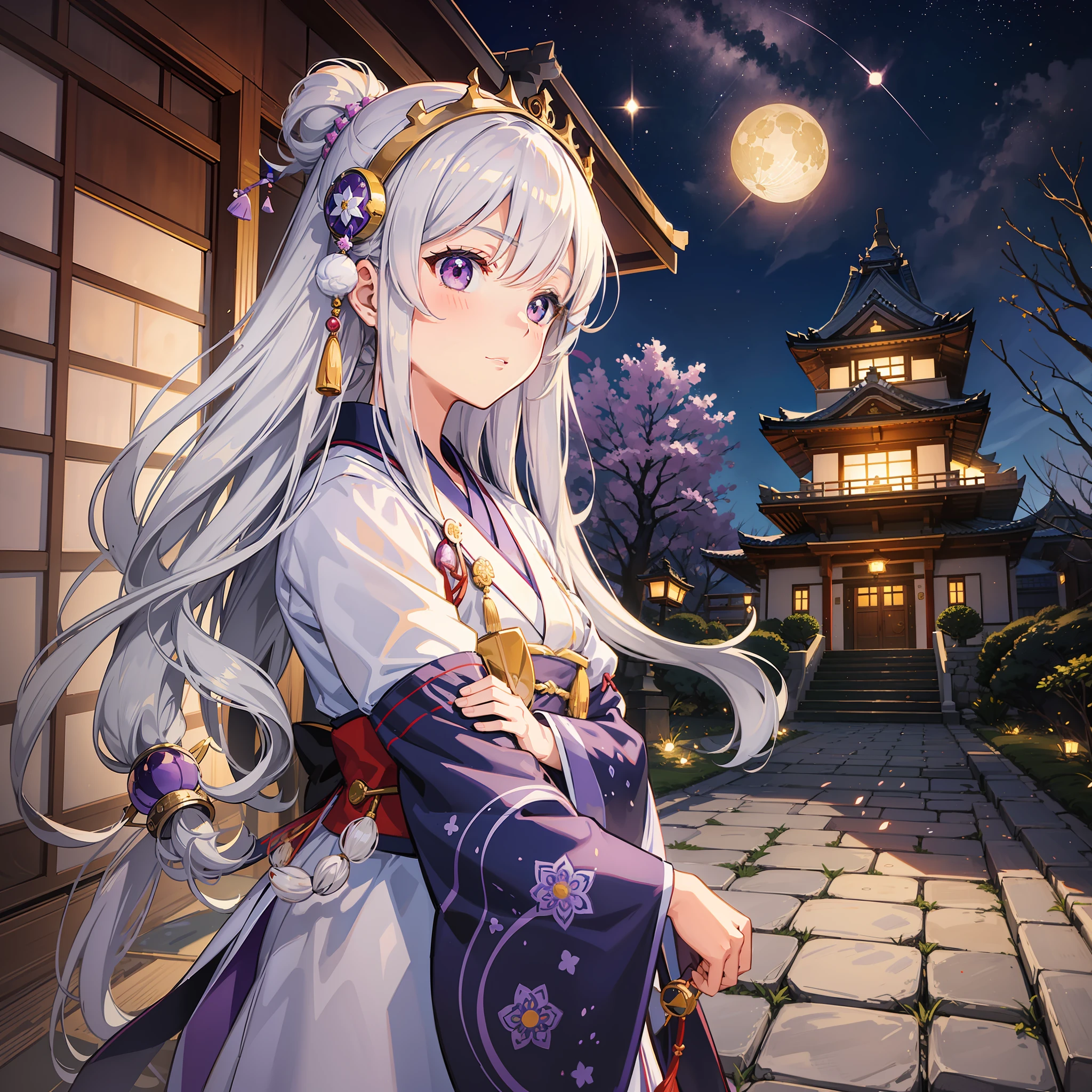 In the two-dimensional, Japanese style, a girl dressed in a white kimono with long silver hair and purple Roland Garden walks along Inazuma Castle on a starry night, surrounded by astrolabes and moons. The graphics create a warm, healing atmosphere and render masterpieces of the best quality in 8K.