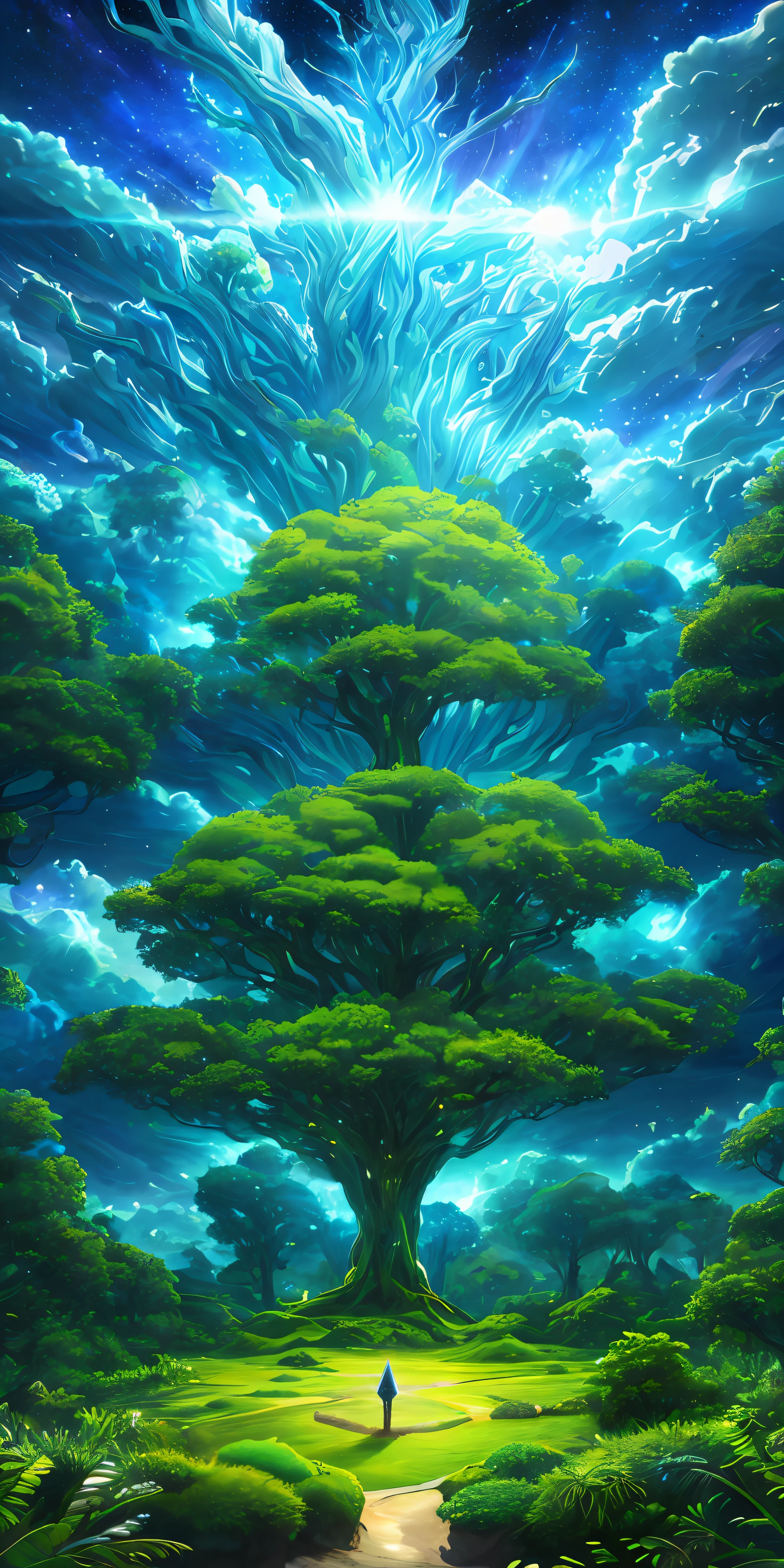 Illustration of a surreal, otherworldly, hyper sky scene including a giant crystal tree full body, highly detailed and magical lighting, intricate forest details, vegetation and surrounding river, solar punk, landscape, giant tree , beautiful green leaves, beautiful lighting and realistic proportions, as if this is a movie background, 8k, highest quality, masterpiece, clouds and stars in the sky.