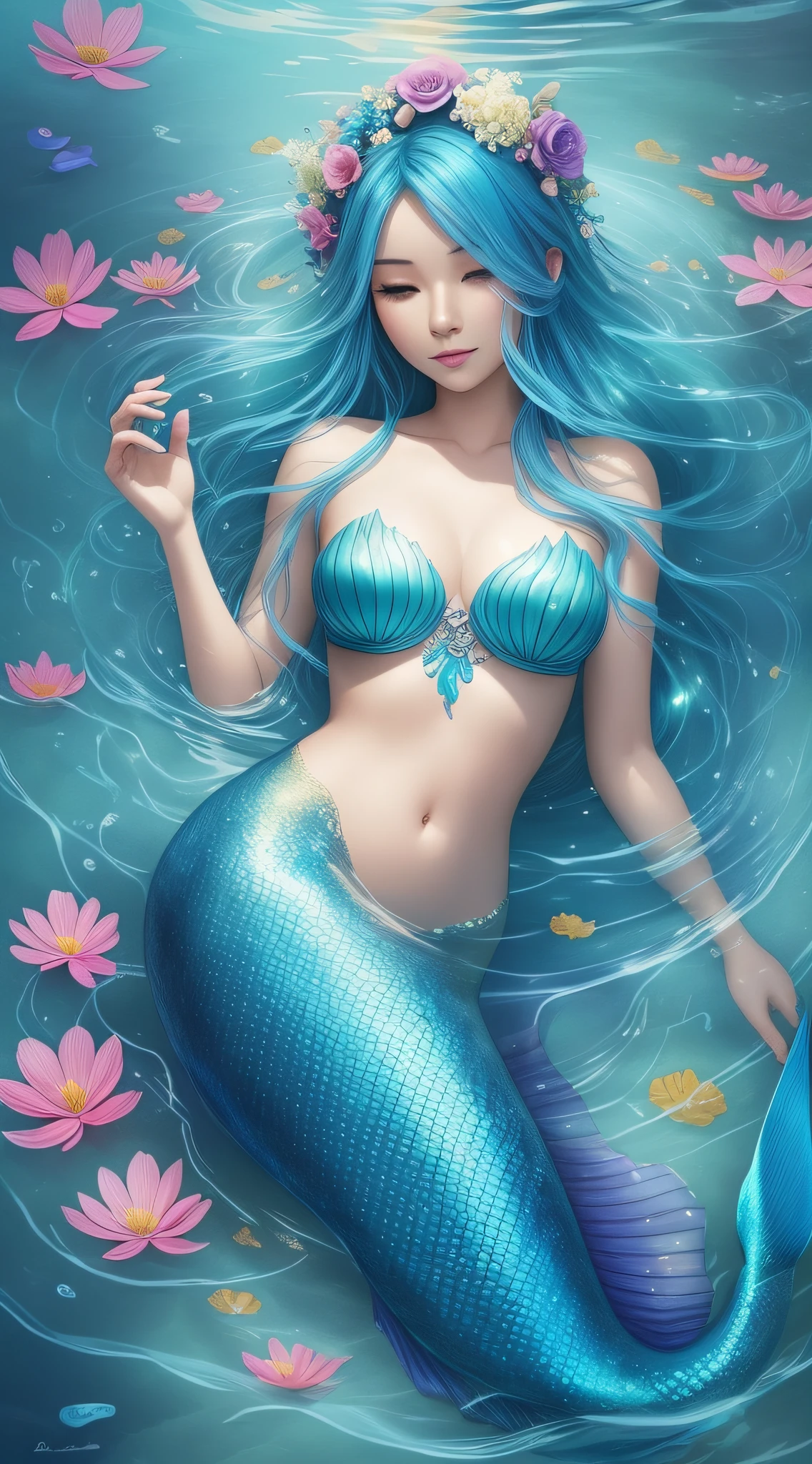 mermaid with blue hair and flowers floating in the water, beautiful mermaid, beautiful digital illustration, a beautiful artwork illustration, beautiful digital artwork, beautiful gorgeous digital art, beautiful digital art, asian female water elemental, gorgeous digital art, very beautiful digital art, closeup fantasy with water magic, beautiful fantasy art, beautiful digital painting, exquisite digital illustration, gorgeous digital painting