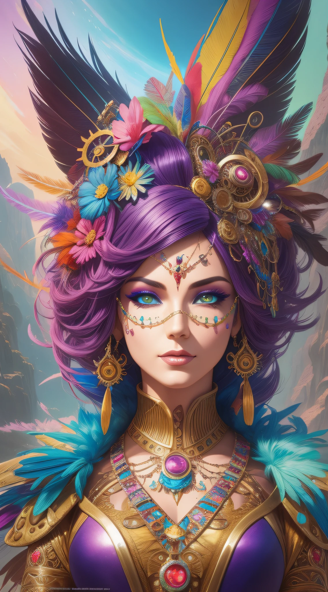 araffe dressed in a colorful costume with a feather and a wig, hyperdetailed fantasy character, colorfull digital fantasy art, 8k high quality detailed art, 3 d render character art 8 k, artgerm julie bell beeple, colorful sci-fi steampunk, fantasy art behance, karol bak uhd, ryan glitter concept artist