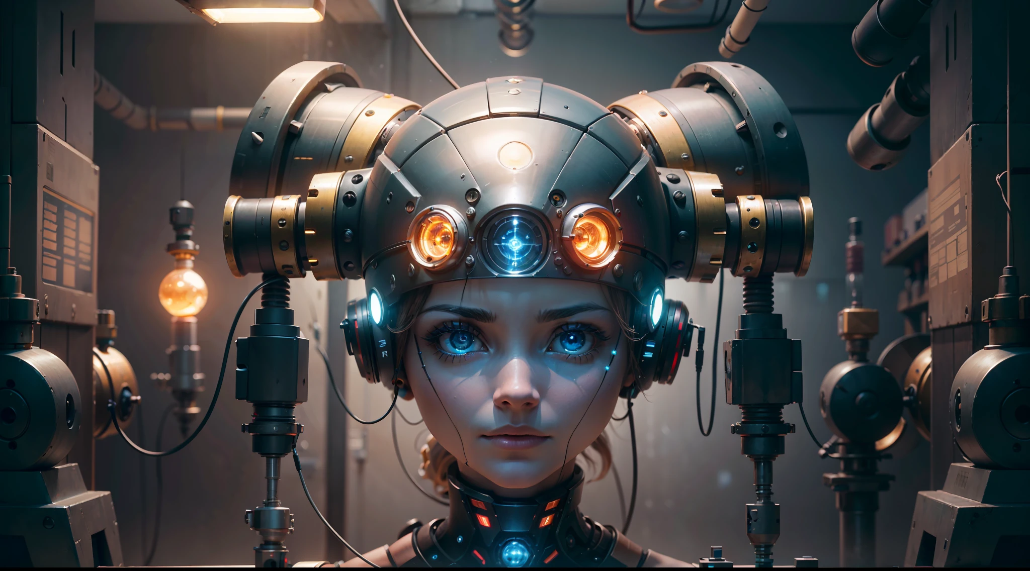 (((Broad view)))),(((A mechanical female head floats in the laboratory)))), in the center of the room floats a robot head, (((without body limbs))), its smooth metal surface reflects a dazzling variety of lights, illuminating the room. Pipes and pipes meander through the walls, attached to the head with complex precision.
When you look closely, you'll see that this is no ordinary robot. The head is covered with wires and cables, and countless electrical connections give it almost unimaginable processing power. You can almost hear the hum of the engine and the crackling of the current as it runs in the circuit.
This is the marvel of modern engineering, a testament to the power of human ingenuity and the infinite possibilities of technology. The beauty of the machine and the coldness of the metal parts combine to create an almost creepy effect, as if it were both alive and somehow not entirely real.
The scene is completed by kaleidoscopic lights, flashing and pulsing in time to the rhythm of the machinery. The overall effect is breathtaking, incredible display of human creativity, innovation and imagination, super fine, 16k resolution, (((master work)))), ((masterpiece)), (vista), dynamic perspective, high resolution, super high resolution, epic shooting, detailed, accurate, detailed,