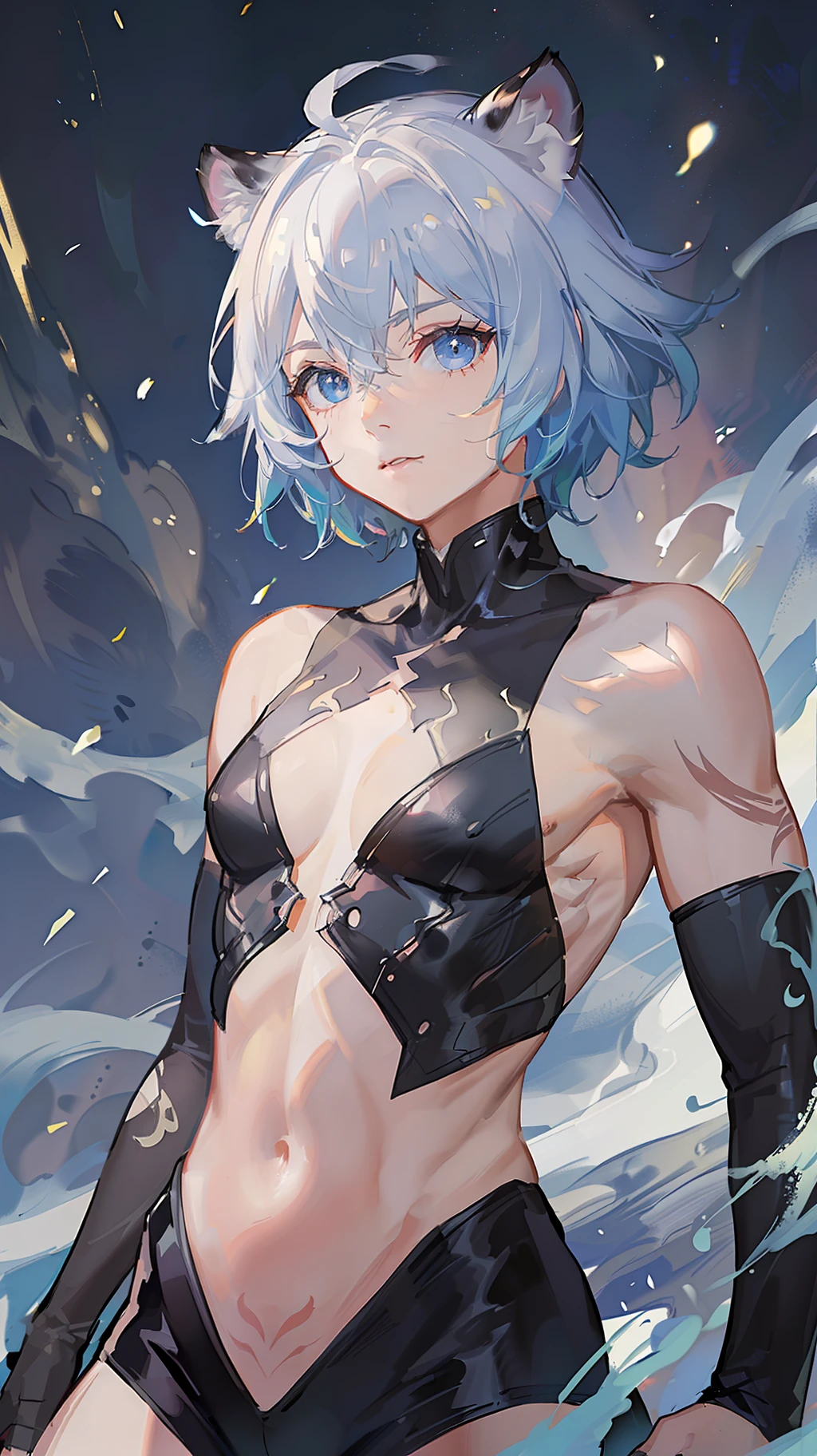 , toddler, short white hair, cat ears, blue eyes, body scars, tiger tattoo, superhero costume, open torso, masterpiece, high quality
