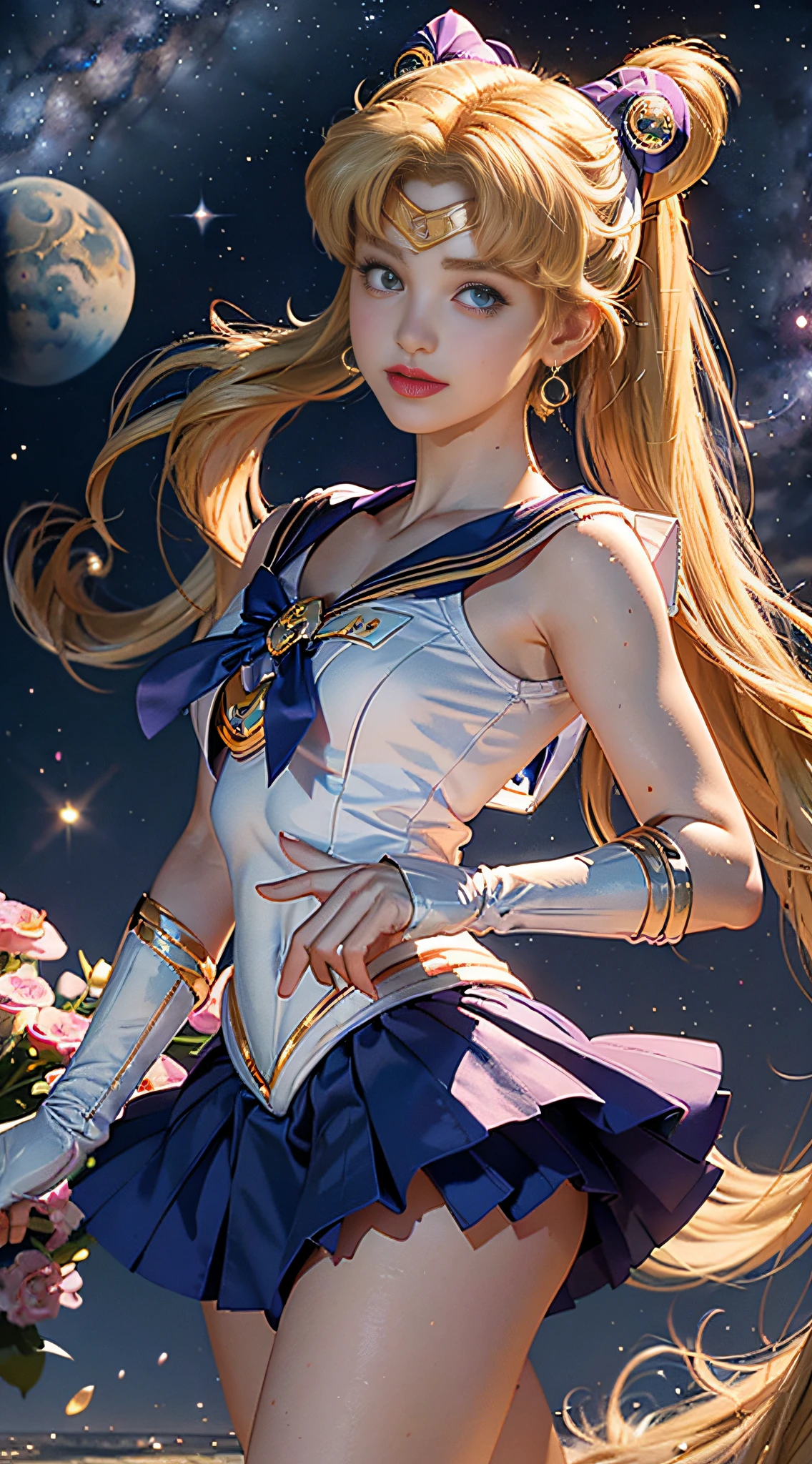 Best Quality, Masterpiece, Ultra High Resolution, (Realisticity: 2), Original Photo, 16K, 1girl, Bare Shoulder, ((Sailor Moon Sailor Moon Sailor Moon: 2)), Cosmic Background, Jupiter, Sea of Flowers, Smile, Blonde hair, twin tail, (Sailor Senseki Uniform: 1.2), Wedge Skirt, Earrings