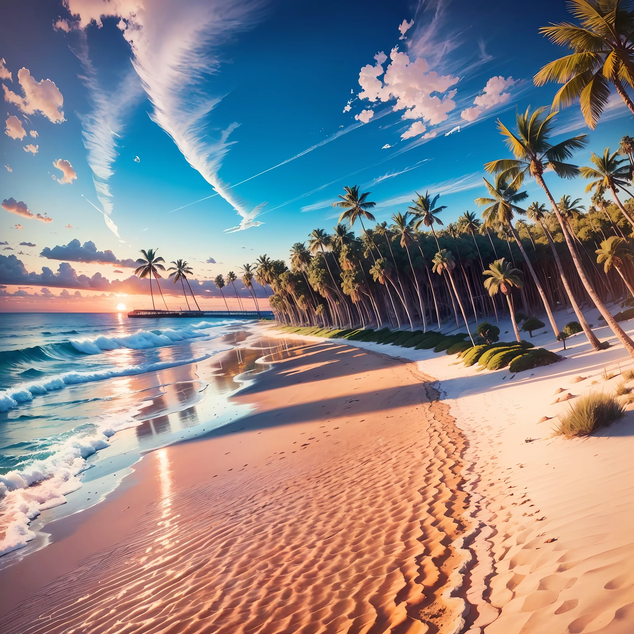 (Landscape), (huge file size), An absolutely mesmerizing sunset over the beach, with a blend of oranges, pinks, and yellows filling the sky. Crystal-clear waters of the sea gently kissing the shore, with sandy white beach stretching far and wide. The scene is dynamic and breathtaking, with seagulls soaring high in the sky and gently swaying palm trees. Take in the calming atmosphere and let the peacefulness wash over you. --auto --s2