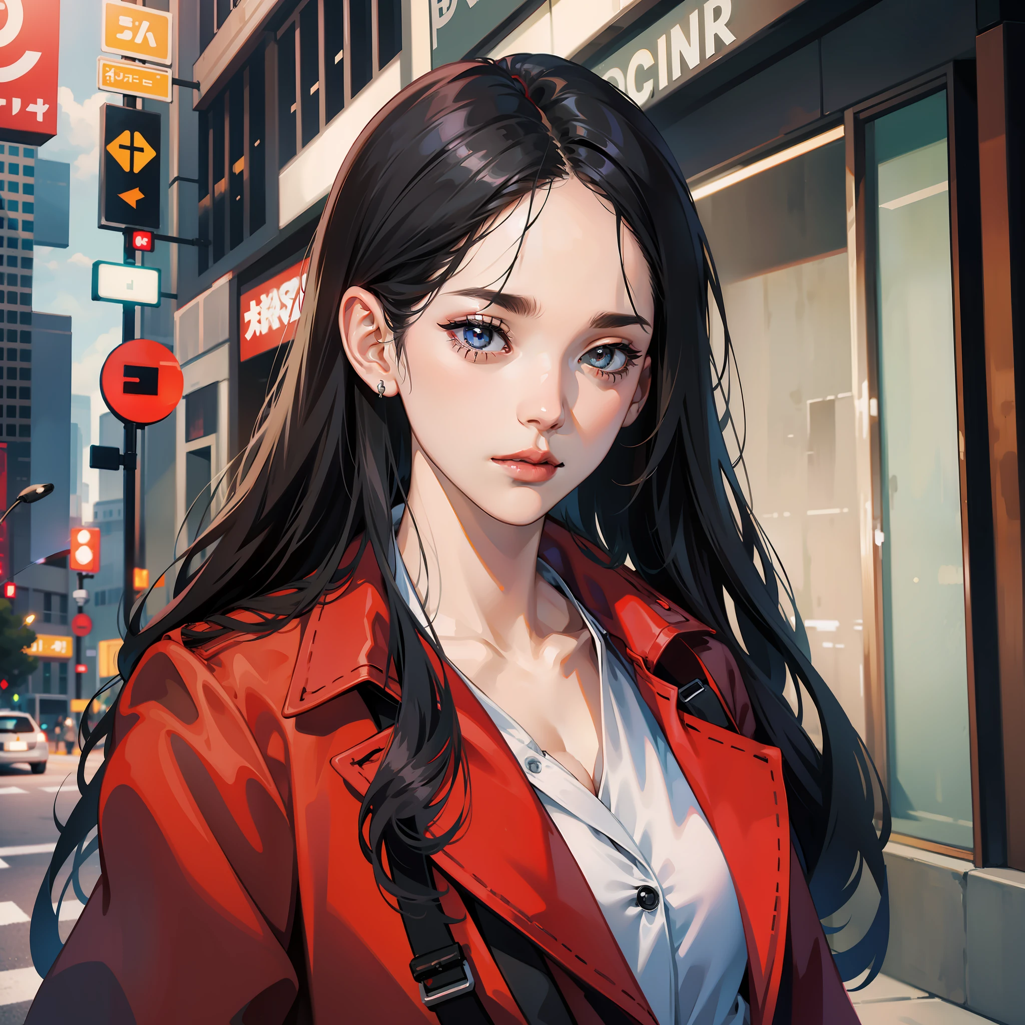 Female, delicate face, long black hair, red trench coat, city street, bust