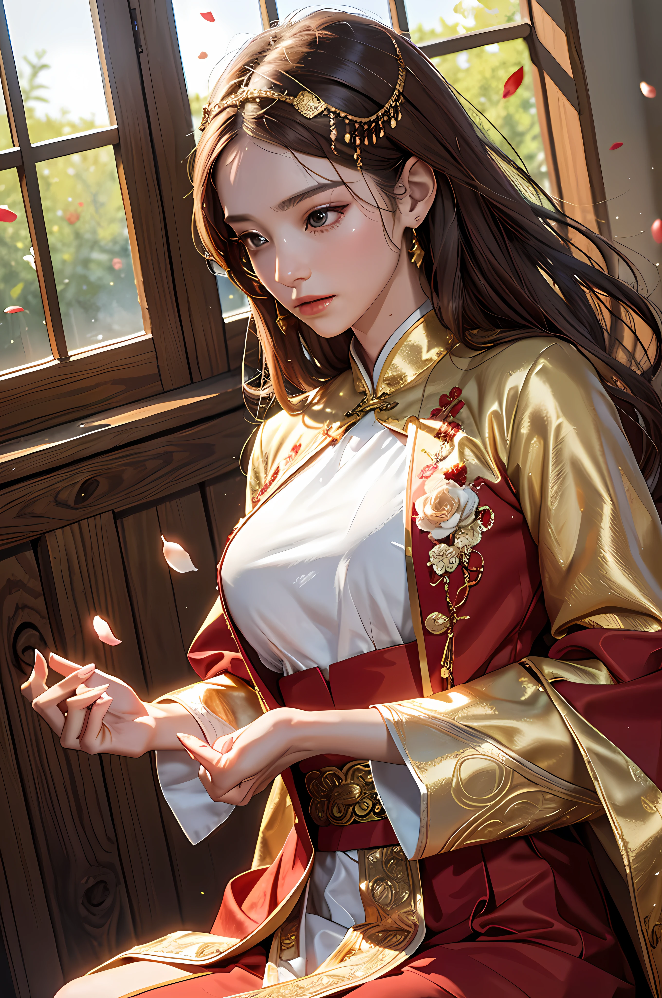 best quality, masterpiece, highres, (exquisite body:1.5),gorgeous face,(milky skin:1.3),intricate details,high resolution,wallpaper,
1girl, solo, dress, hair ornament, (((gold and red dress))), flowers, long hair, brown hair, closed mouth, jewelry, long sleeves, hand up, wide sleeves, big eyes,floating hair, chinese clothes, hanfu, embroidery, long skirt, natural pose, falling petals, indoor,fanning, lantern,
16K,HDR,highres,depth field,(film grain:1.1),boken,golden hour,(lens flare),vignette,rainbowing,(color grading:1.5)