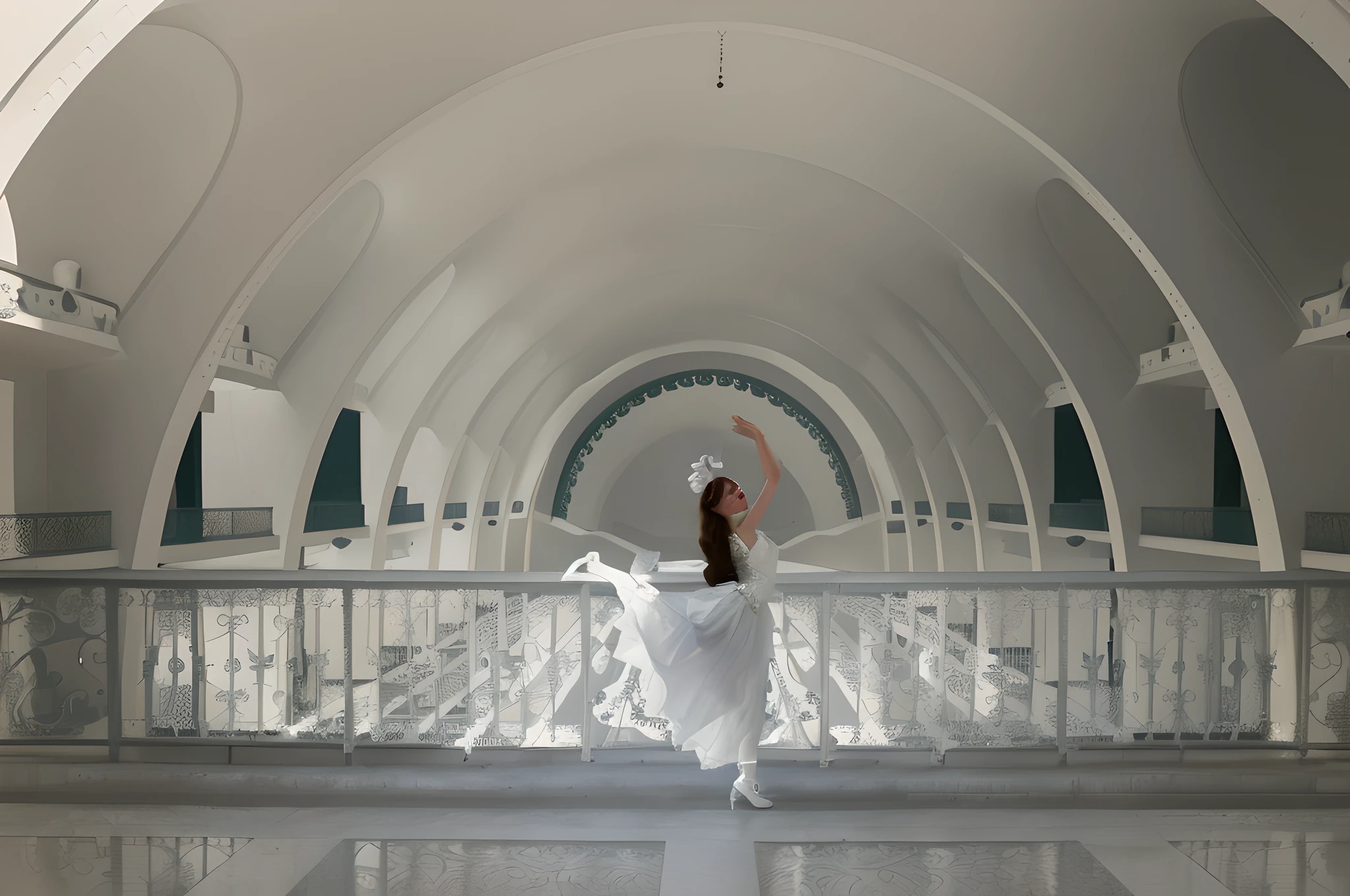 a woman in a white dress is dancing on a balcony, an art deco painting by Elizabeth Polunin, featured on unsplash, art deco, art deco, creative commons attribution, high dynamic range