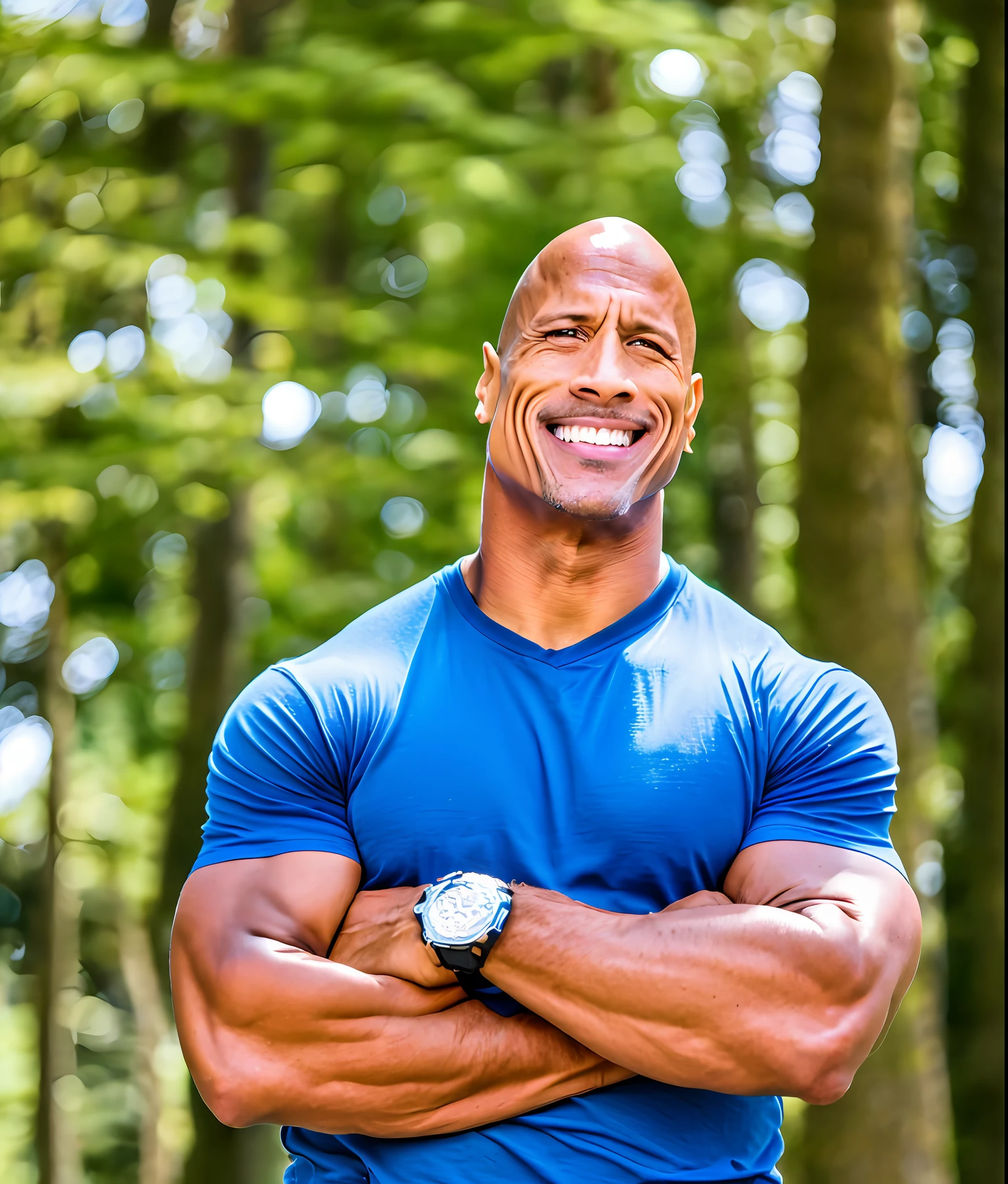 photo of dwayne johnson wearing a tight blue t-shirt, the rock, arms crossed, outdoors, natural lighting, forty-years-old, forties, attractive, handsome, dwayne johnson, canon50, kodak ultramax, pexels, unsplash, film grain, ultraskin