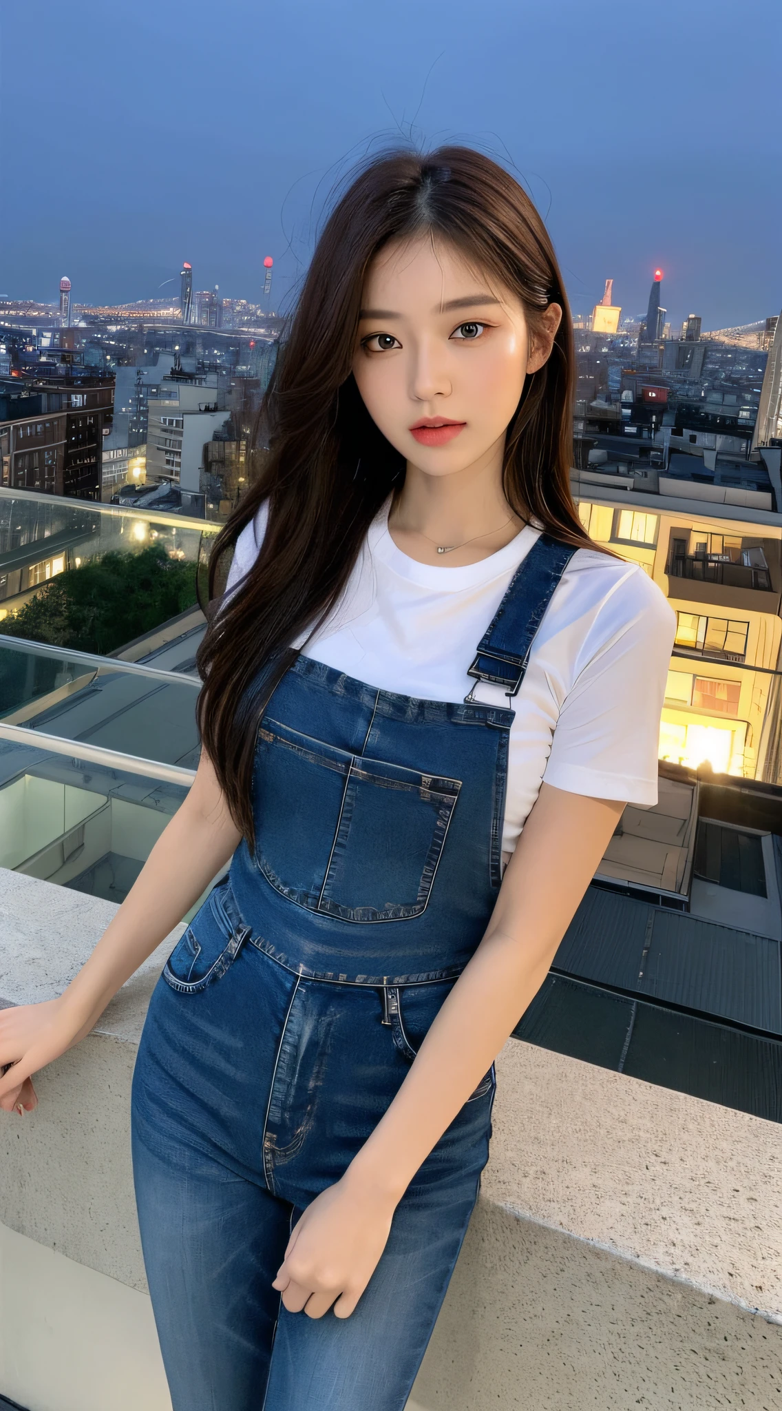 ((Midnight, Best Quality, 8k, Masterpiece: 1.3)), Full Body, Long Legs, Sharp Focus: 1.2, Perfect Figured Pretty Woman: 1.4, Slender Abs: 1.1, (Dark Brown Hair), (White Tight T-Shirt, Jean Bib, Standing:1.2), ((Night City View, Rooftop: 1.3)), Highly Detailed Face and Skin Texture, Detailed Eyes, Double Eyelids