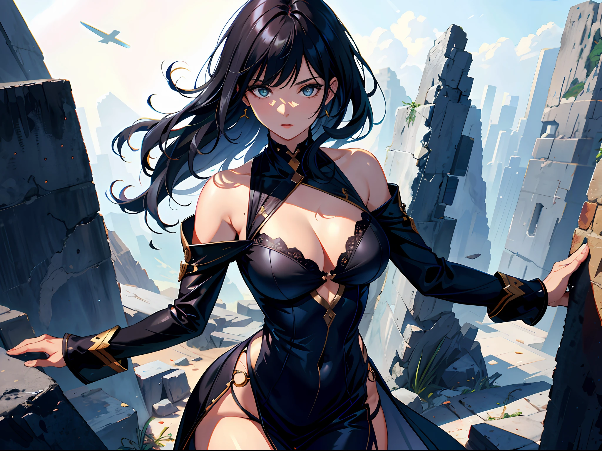 High resolution, highest quality, illustration, super detailed, a woman with black hair, wearing a relatively revealing outfit