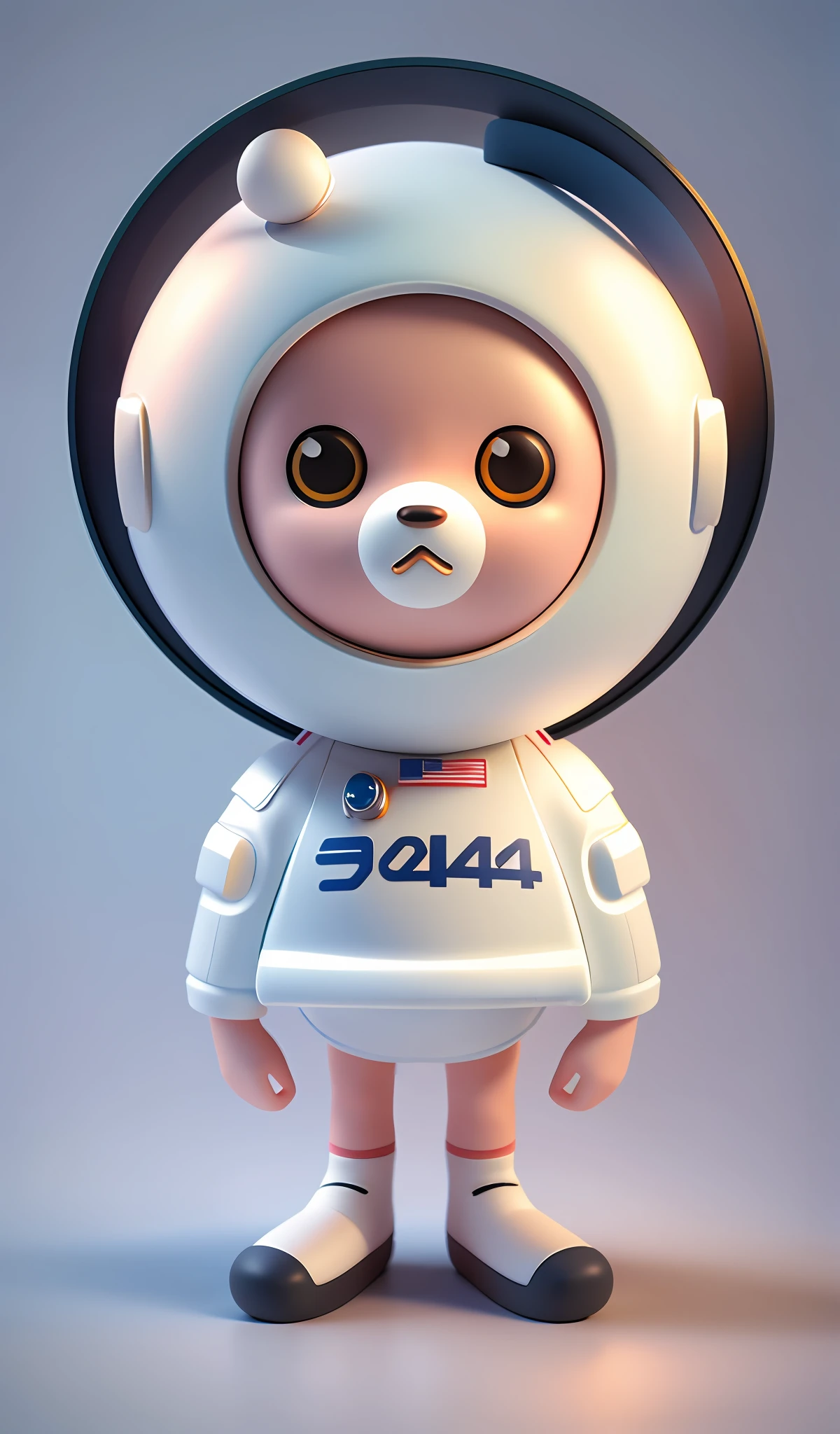 (C4D rendering), 3d rendering, bear with astronaut helmet, wearing white spacesuit, no ears, blind box toy style