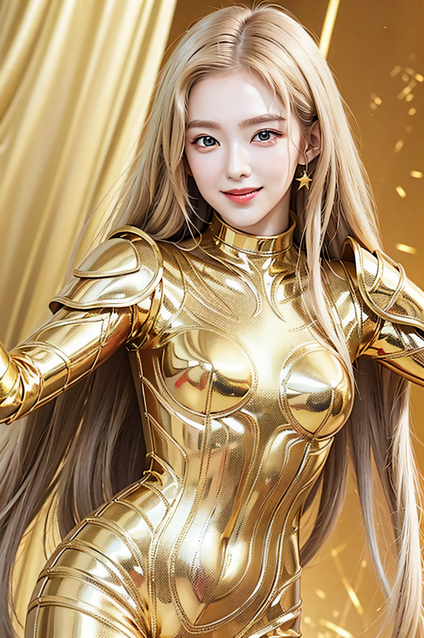 Golden metal armor, long blonde hair, golden pupils, golden light background, golden transparent wings, metallic texture, smiling, golden eyes, flashing notes around, maiden, golden starlight, dazzling