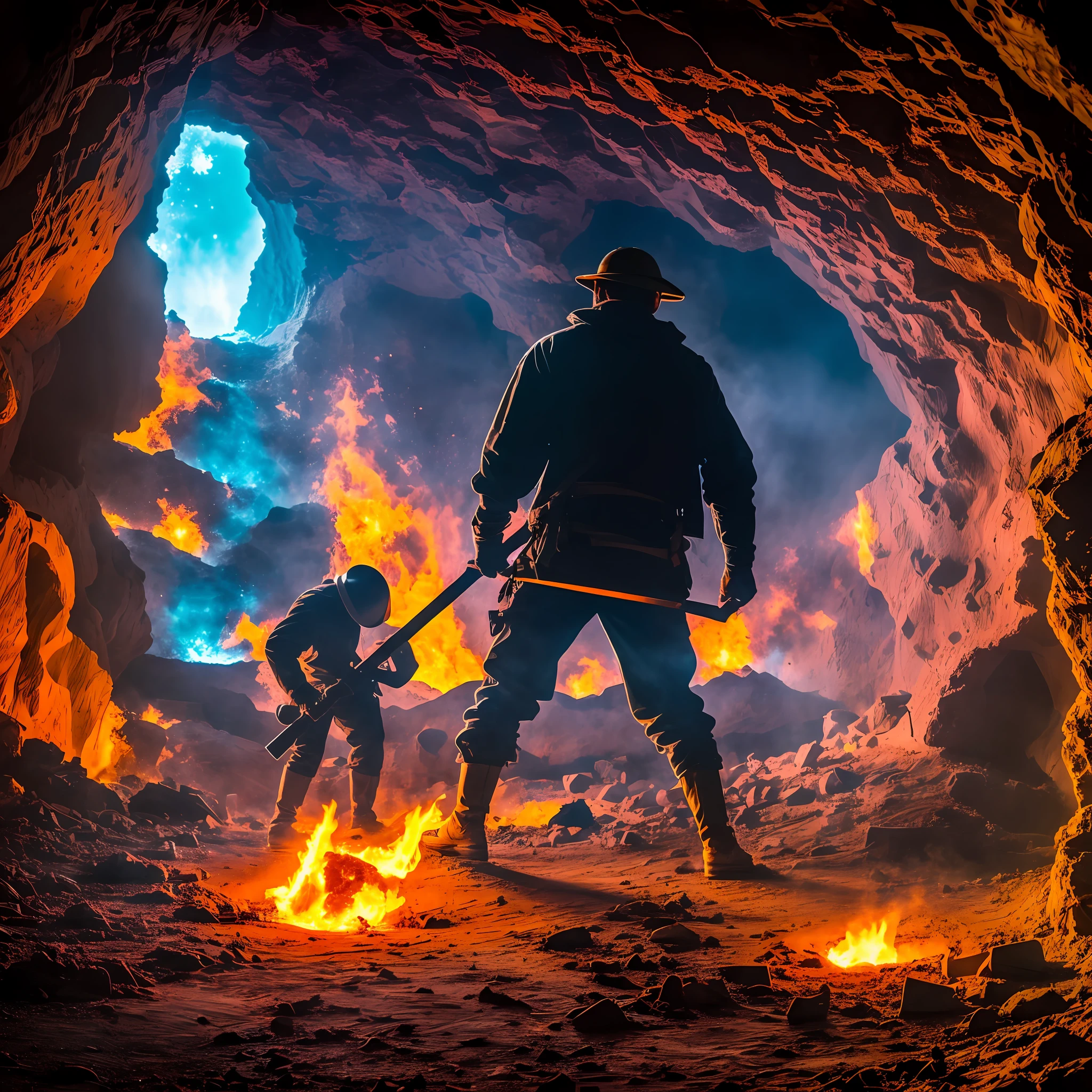 Silhouette of an average man with the color of the universe hammering a forge inside a cave --auto --s2