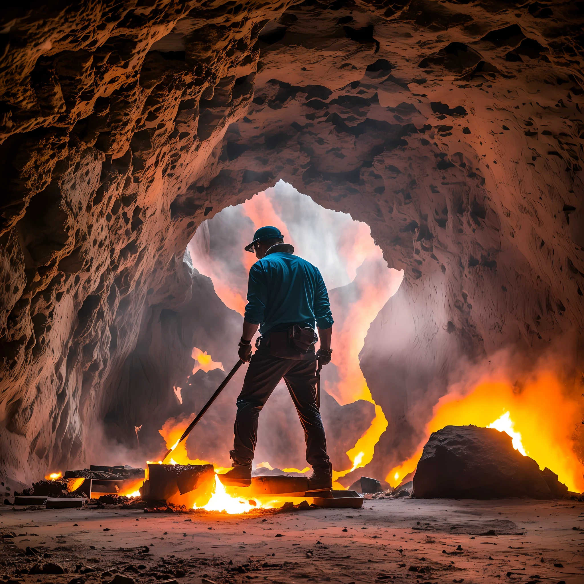Silhouette of an average man with the color of the universe hammering a forge inside a cave --auto --s2