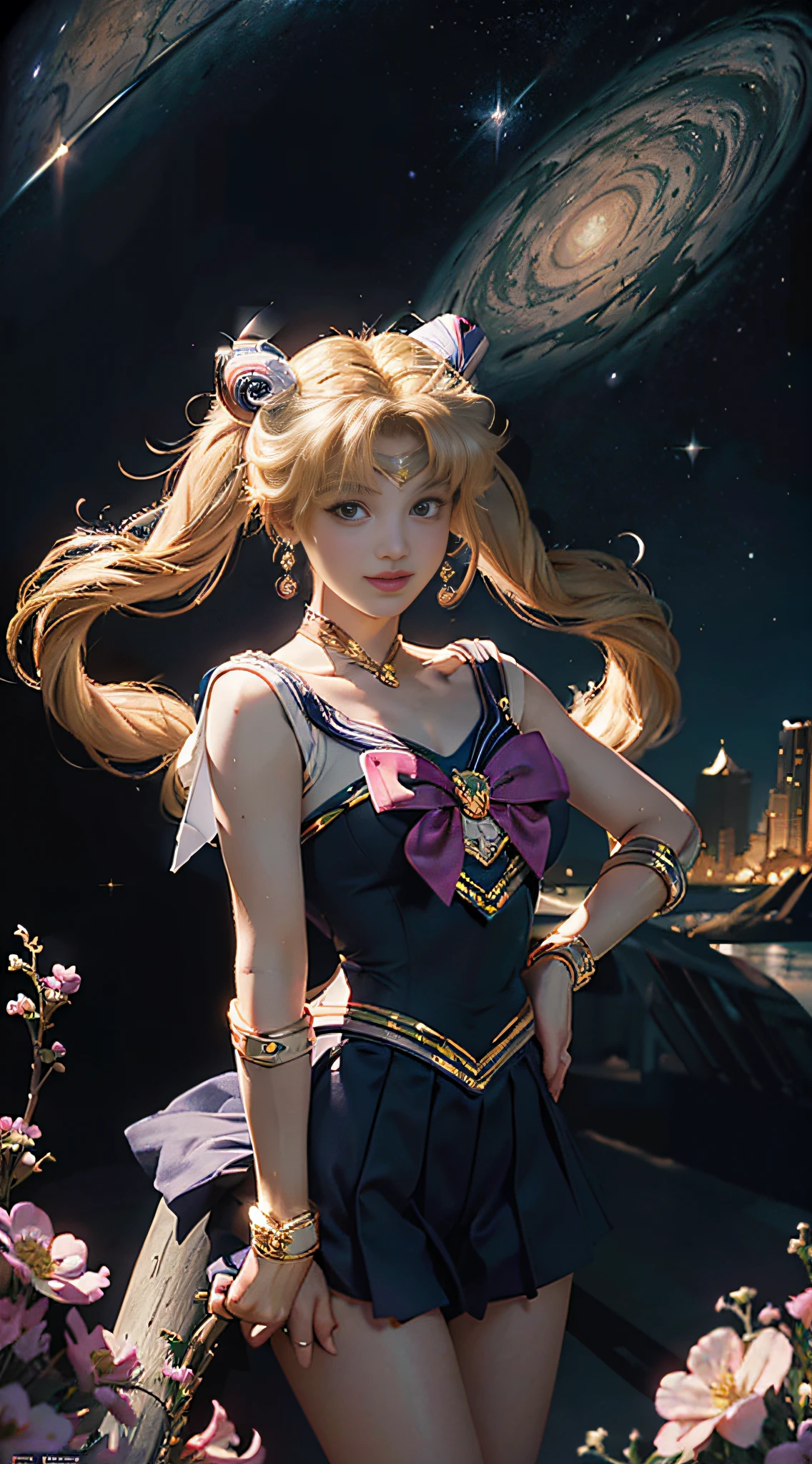 Best Quality, Masterpiece, Ultra High Resolution, (Realisticity: 2), Original Photo, 16K, 1girl, Bare Shoulder, ((Sailor Moon Sailor Moon Sailor Moon: 2)), Cosmic Background, Jupiter, Sea of Flowers, Smile, Blonde hair, twin tail