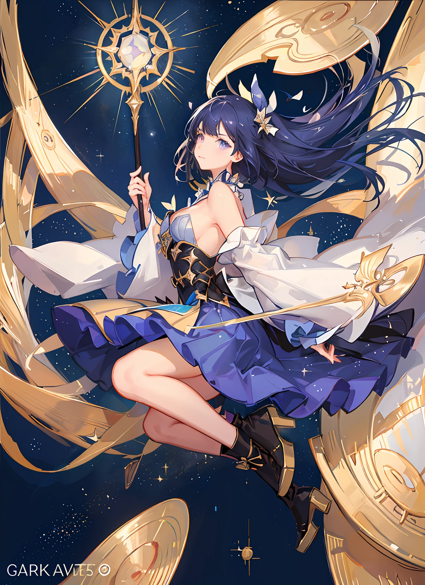 ((magical girl)), ((gorgeous starry sky background)), ((ultra-detailed)), ((best illustration)), ((cinematic lighting)), dynamic angle, floating, finely detailed, (glitter:1.2), (sparkle:1.2), (shine:1.2), classic, (painting:1.1), (sketch:1.1), (best quality), (masterpiece:1.2), (anime style), (solo), beautiful detailed face, (cute face:1.3), (big eyes:1.3), dark blue hair, (long hair:1.2), (floating hair:1.2), (magical girl outfit), detailed outfit, (sparkling wand:1.3), (magical effects:1.3), (flowing skirt:1.2), (cute boots:1.1), (transparent fabric:1.1), (twinkle:1.2), (glow:1.2), (radiance:1.2), (flicker:1.2), (dazzle:1.2), blunt bangs, purple eyes