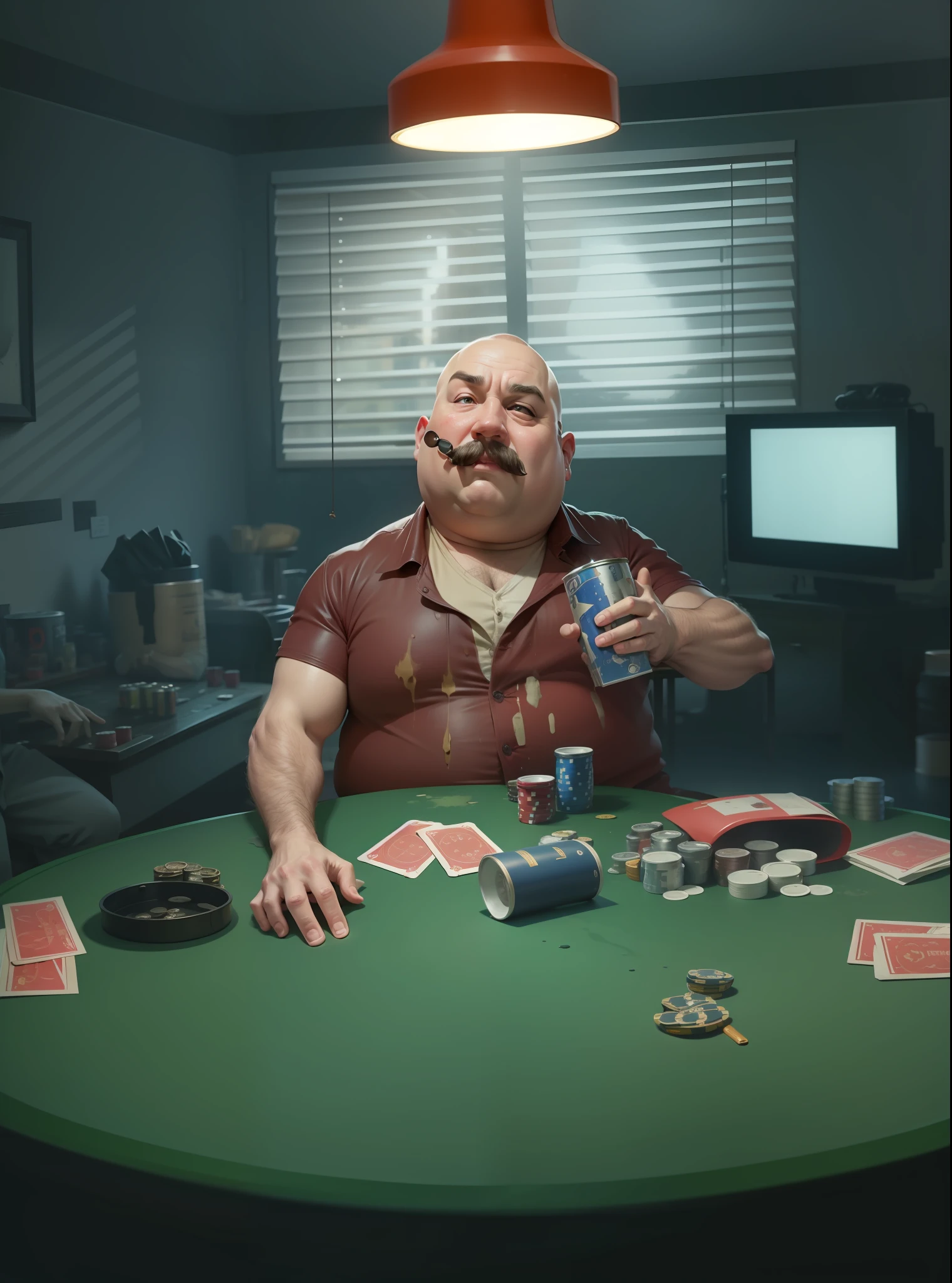 4k, realistic, very detailed, bald and fat man, with a small mustache and a cigar. It's at a messy poker table, with empty cans sprinkled