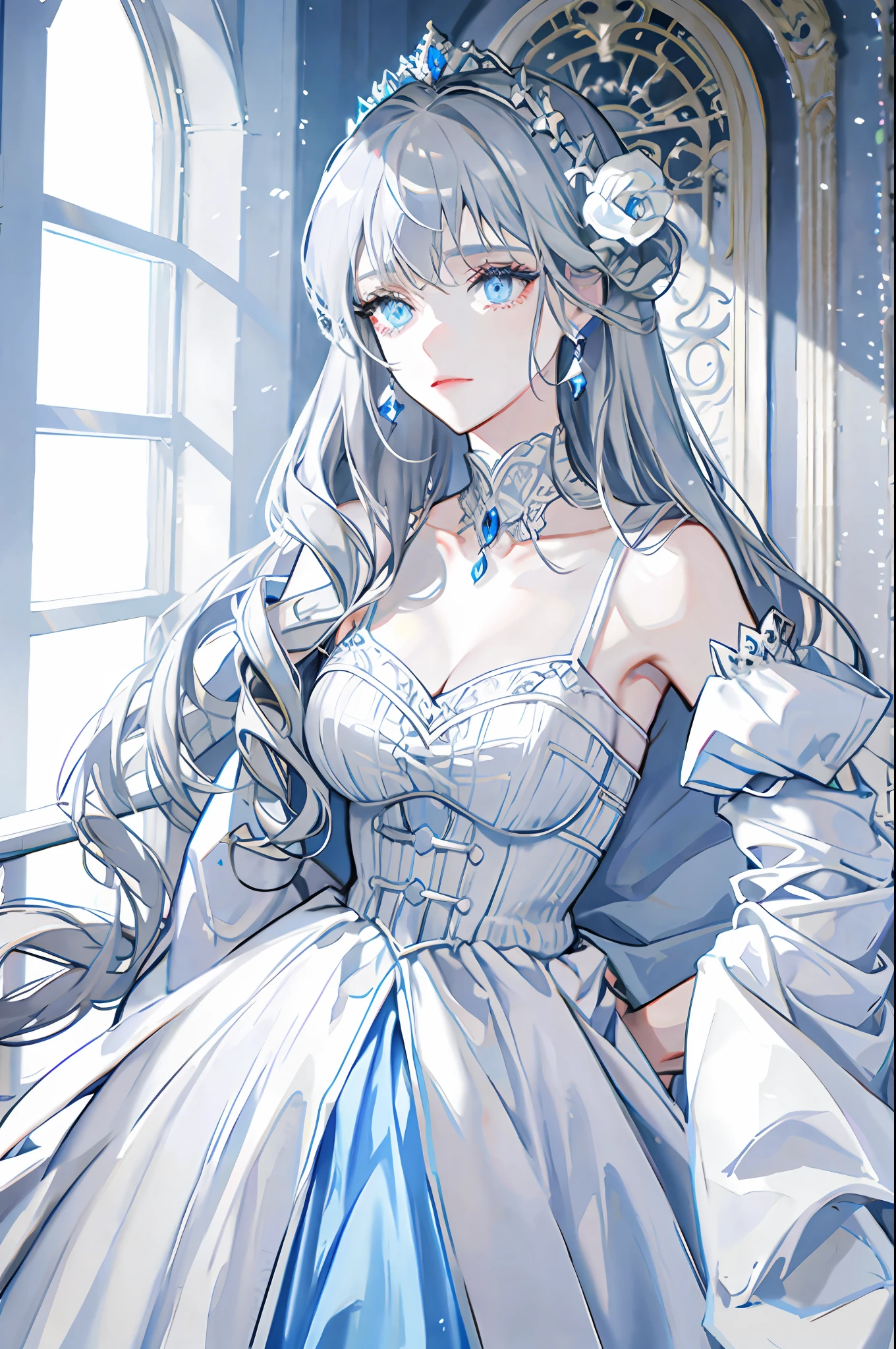 gray-haired woman, light blue eyes, royalty, princess, aristocracy, beautiful woman, adult woman, sexy woman, white dress, sad expression, eyes trying to sue something, tears