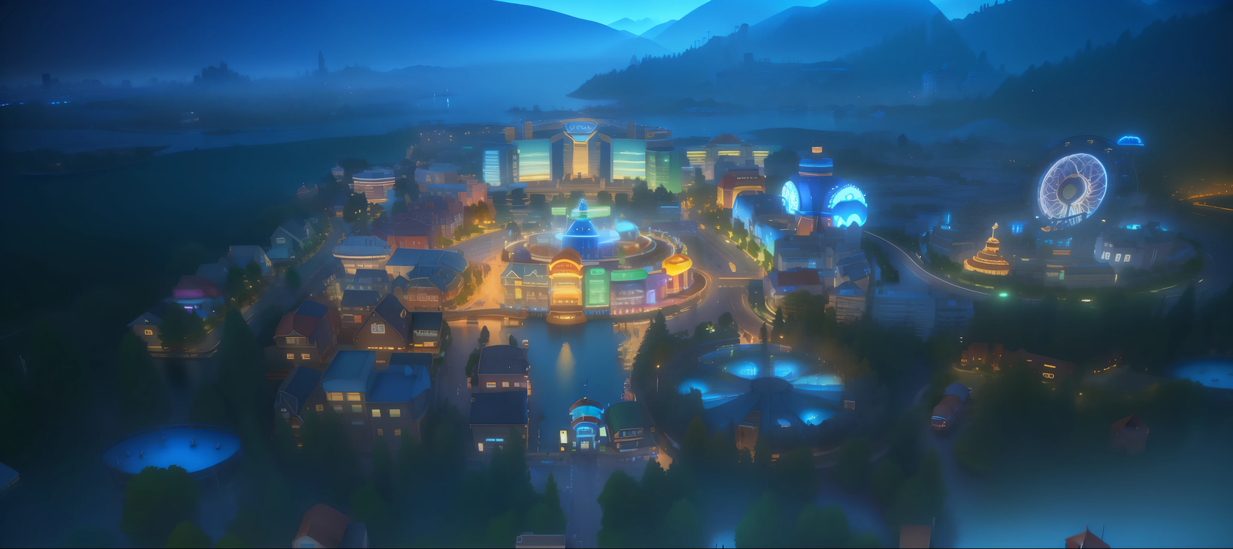 arafed view of a town with a ferris wheel and a ferris wheel, pixar rendering, detailed photo of virtual world, pixar film setting, screenshot from simcity pc game, pixar zootopia. 3 d rendering, disney render, nighttime foreground, town center background, render in pixar, sims 4 screenshot, nightime village background, resort