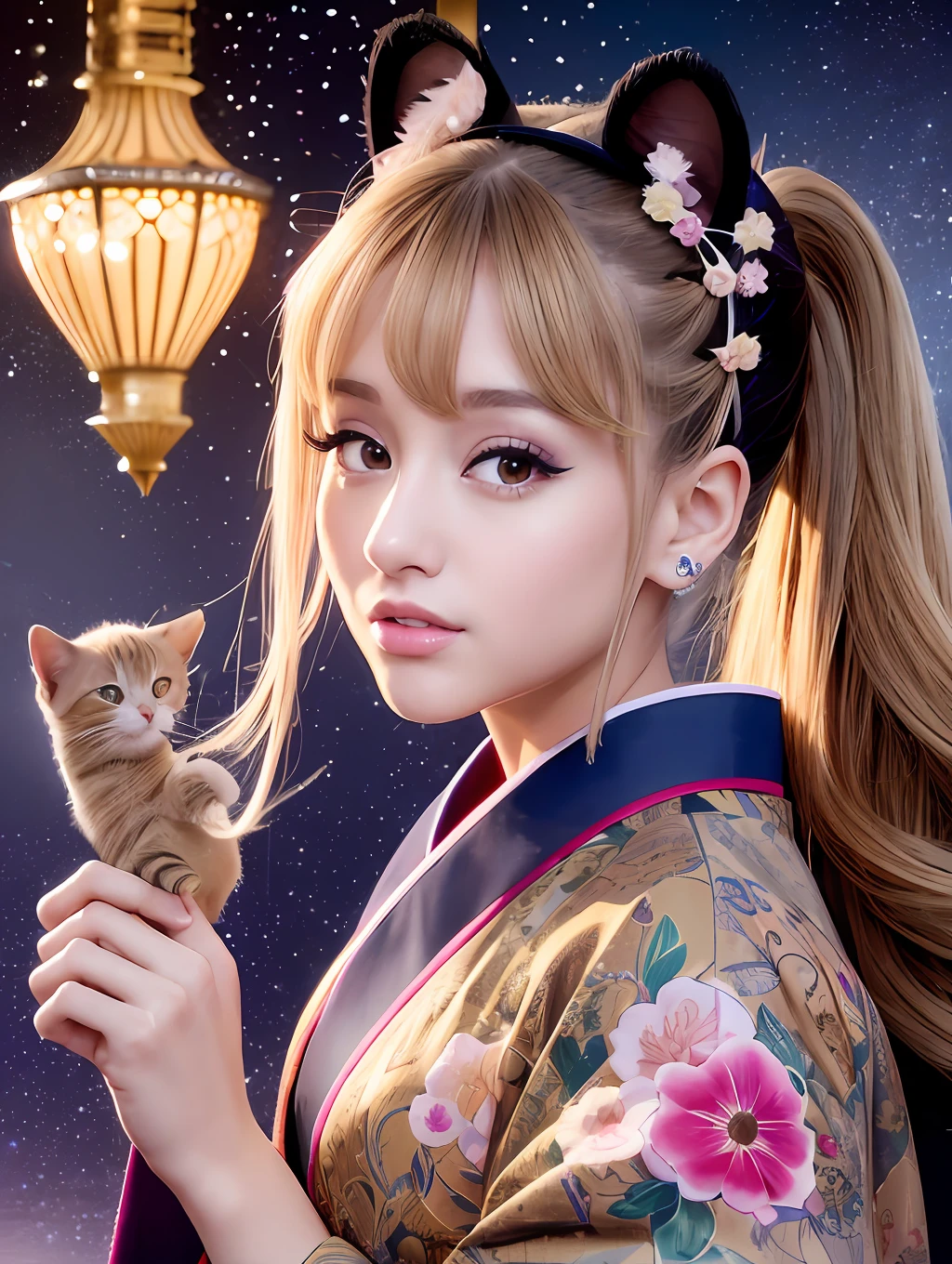 High resolution, high quality, Ariana Grande: 1.8, American singer, actress, singer-songwriter, dark blonde hair, high ponytail, cat ears, show forehead, kimono, detailed kimono, beautiful detailed eyes, thin ornamented kimono, full body, Taisho era scenery, deep landscape, amazing illumination, light effect, night sky!