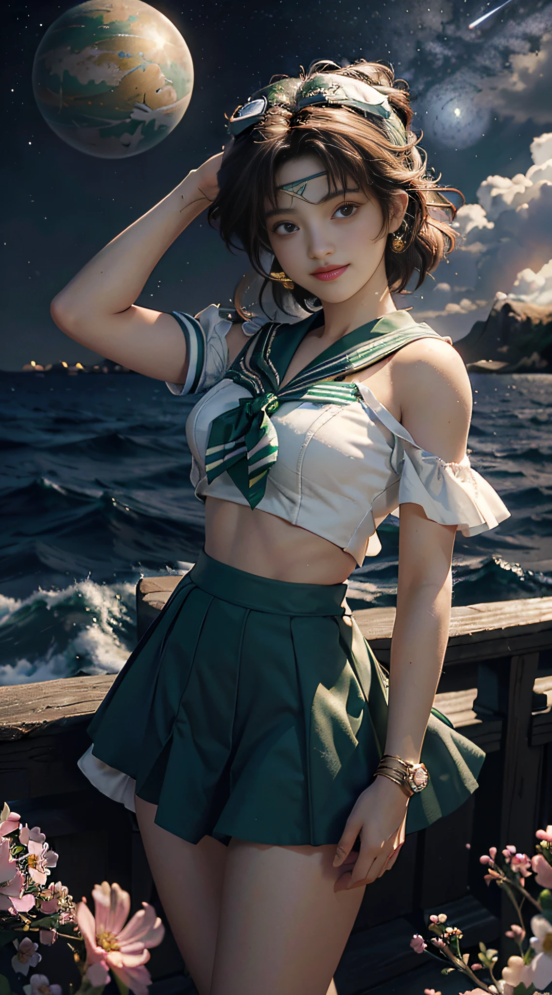 Best Quality, Masterpiece, Ultra High Resolution, (Realisticity: 2), Original Photo, 16K, 1girl, Bare Shoulder, ((Sailor Jupiter Sailor Jupiter: 2)), Cosmic Background, Jupiter, Sea of Flowers, Smile,