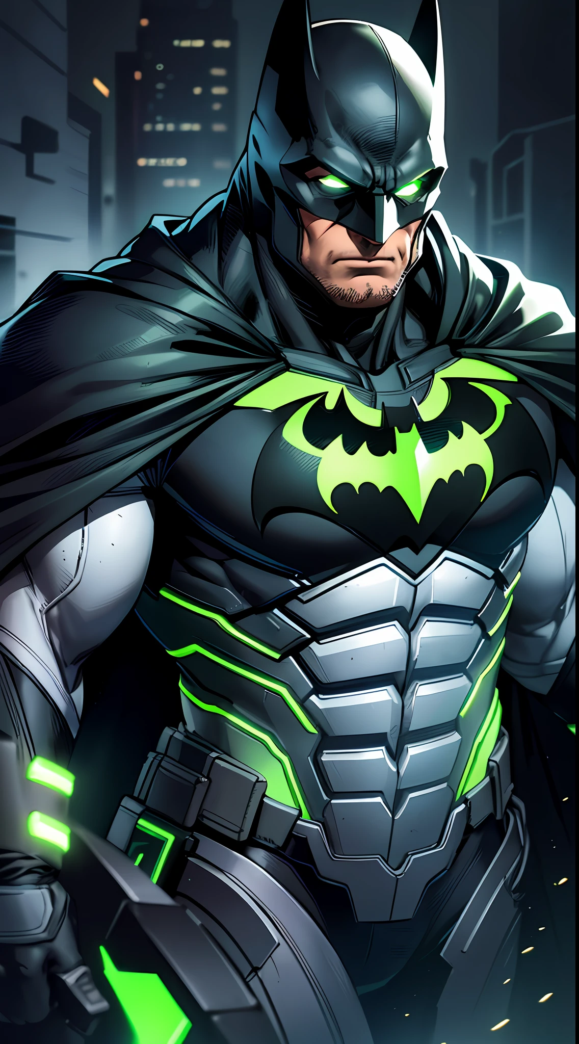 Batman,macho, tall, hunk, muscular, black and neon green suit, neon green details on the suit, best quality, masterpiece, long black cape, short ears on the helmet, white eyes, no pupils, serious face, ultra detailed suit, detailed face, powerful pose,  best quality, high resolution:1.2, dark grey ultility belt, night, dark atmosphere, flowing cape, award winning, shadow, volumetric lighting