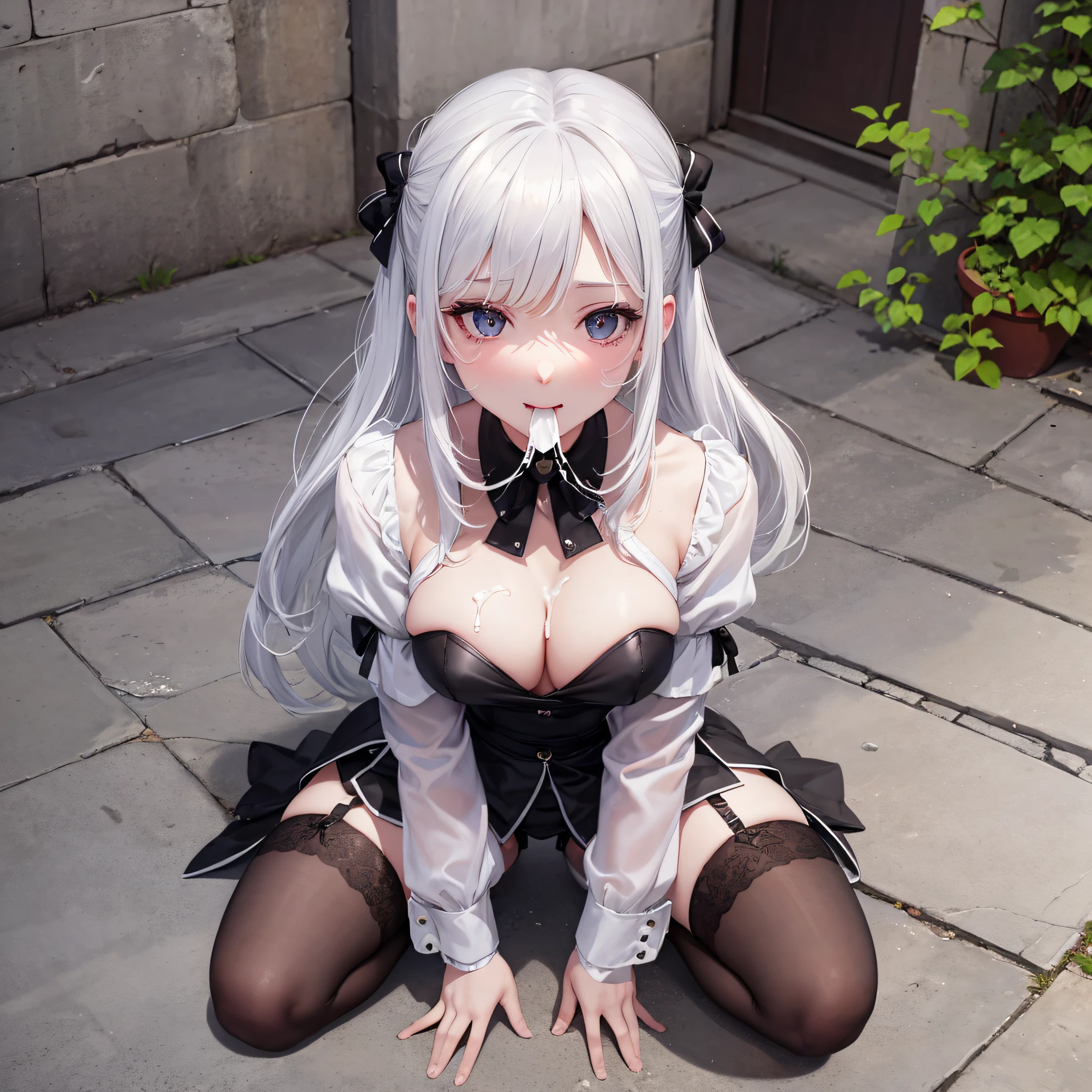 1 white-haired girl, double V, breasts, outdoor, alley, happy, kneeling, from above, looking at the audience, after, cum in mouth, high face, flat chest, loli, thighs, black stockings, shyness --auto --s2