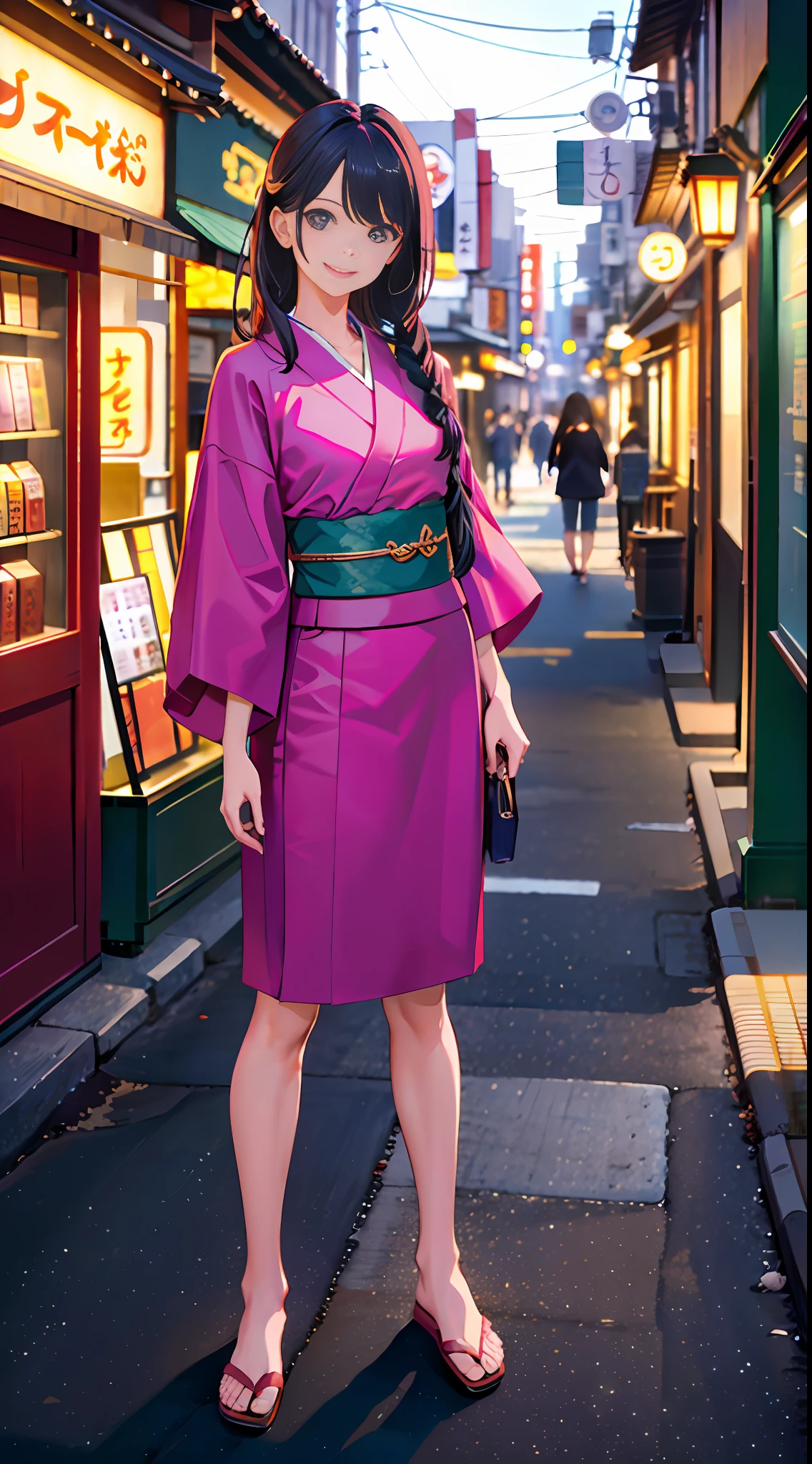 (8k, RAW photo, best quality, masterpiece: 1.2), (realistic, photorealistic: 1.37), ultra detail, ultra high resolution, (1girl), big 1.3, loose kimono, kimono, chest open, looking at camera (holding rifle: 1.3), beautiful detailed face, smile, teeth, (feather cut: 0.6), barefoot, sunlight, lots of lighting, Japan, Tokyo, shopping street,