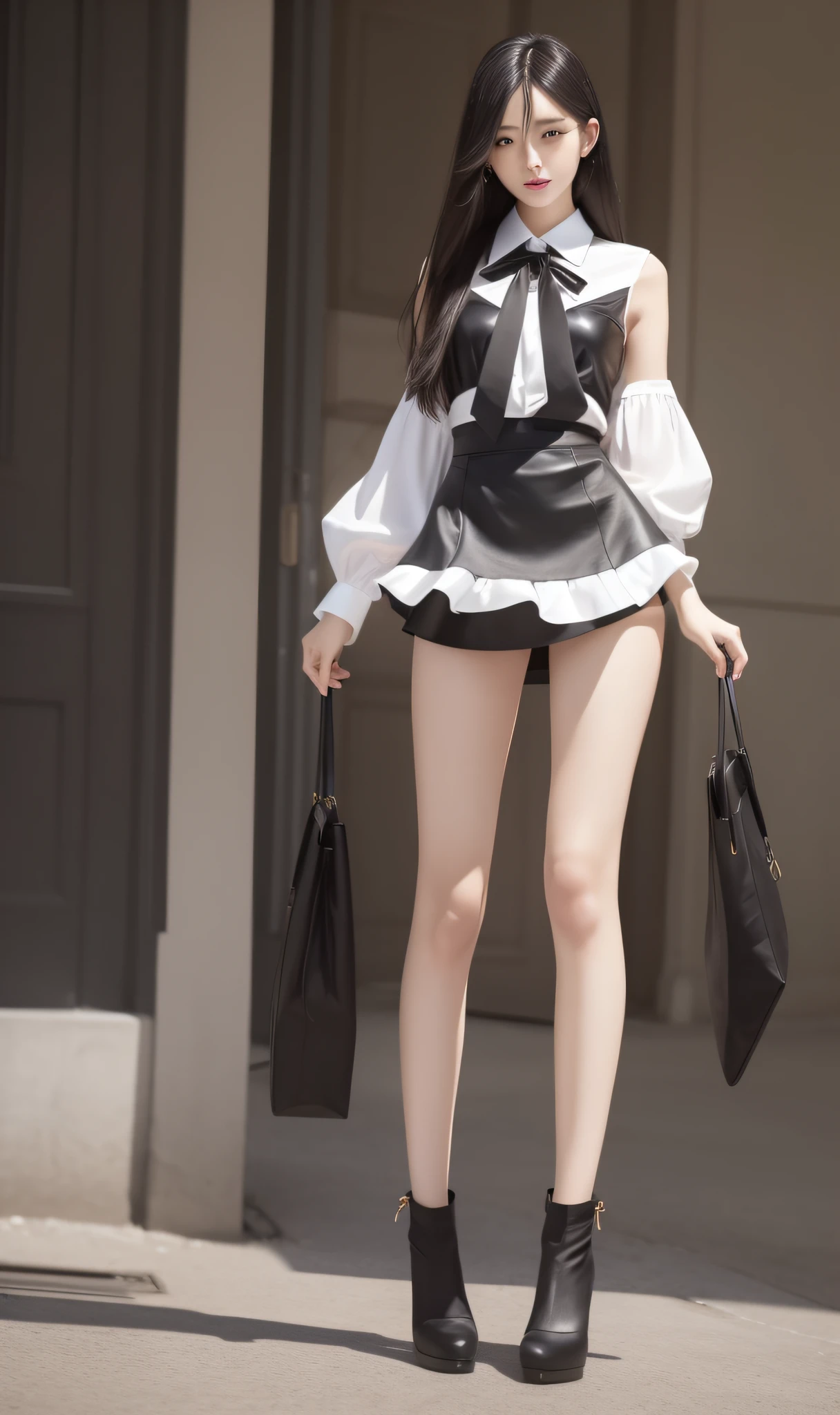 (Realistic lighting, best quality, 8k, masterpiece: 1.3)), Focus: 1.2, 1girl, Perfect body beauty: 1.4, Slim abs: 1.1, ((Black hair)), (White dress: 1.4), (Outdoor, night: 1.1), City streets, Super fine face, fine eyes, Double eyelids, (Over the knee black stockings: 1.5), silk mini skirt, Wearing a white silk shirt: 1.6,40k, photography, masterpiece, best quality, dark gray background, various poses, ultra-detailed face, detailed eyes, slender legs, standing elegant pose, succubus in tight short skirt, long legs, very beautiful slender legs, very tall and slender, full body view from afar, tall and thin beauty goddess, sexy dress, height 170 cm, full body fairy, sexy pose, reasonable body proportions