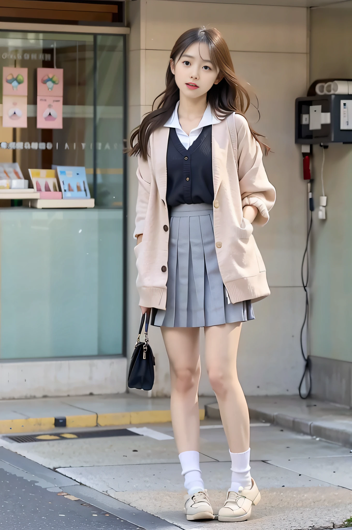 sidewalk, RAW photo, 8K, highest quality, super high resolution, beautiful face details, real human skin, embarrassed expression, front view, angle from below, shawl long hair, realistic, realistic, cute, short skirt, standing deep in the city, cute schoolgirl, Japanese schoolgirl uniform, wearing Japanese school uniform, surreal high school girl, full body,