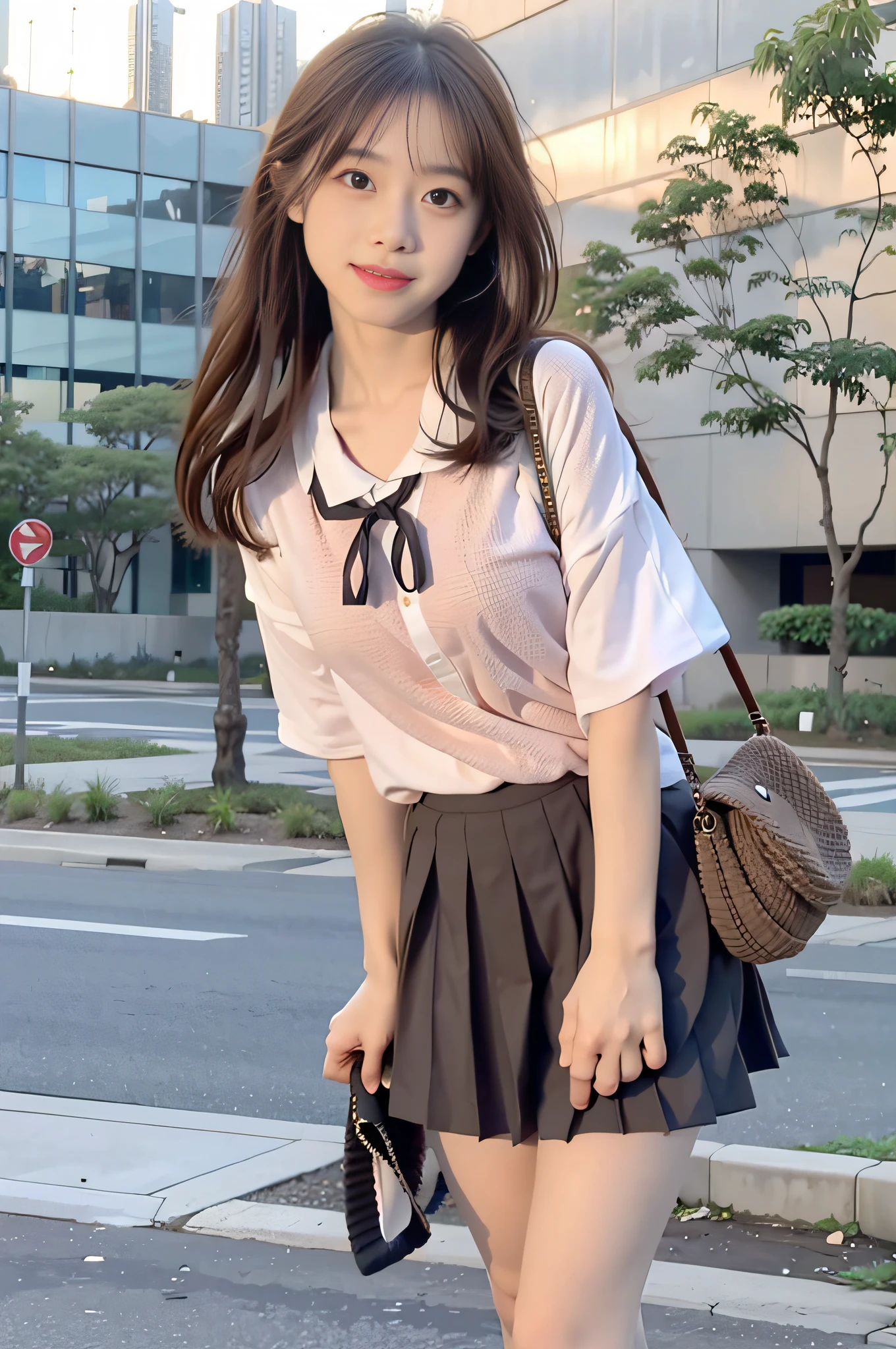 sidewalk, RAW photo, 8K, highest quality, super high resolution, beautiful face details, real human skin, embarrassed expression, front view, angle from below, shawl long hair, realistic, realistic, cute, short skirt, standing deep in the city, cute schoolgirl, Japanese schoolgirl uniform, wearing Japanese school uniform, surreal high school girl, full body,
