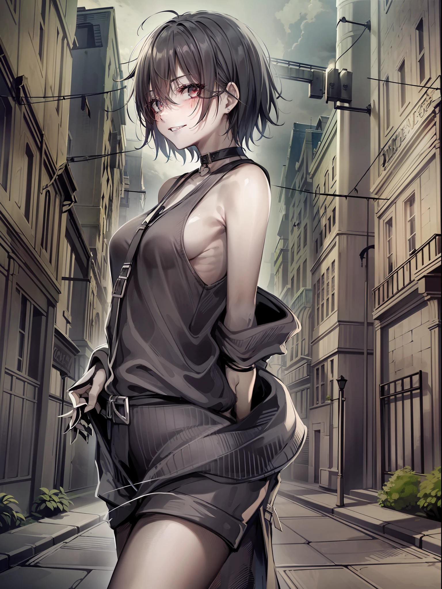 A woman with sharp teeth, visible when a mischievous smile forms on her lips. She wears a tank top with a black jacket and pants, exuding an aura of mystery and power. Her short black hair is messy, adding a scruffy, wild look. His eyes, an intense white without the presence of a retina, emanate an unearthly sensation. Deep dark circles stand out on her pale skin, evidencing her tired and haunted appearance. The environment around it is urban and dark, with ruins that testify to the passage of time and evoke a climate of desolation and decadence.