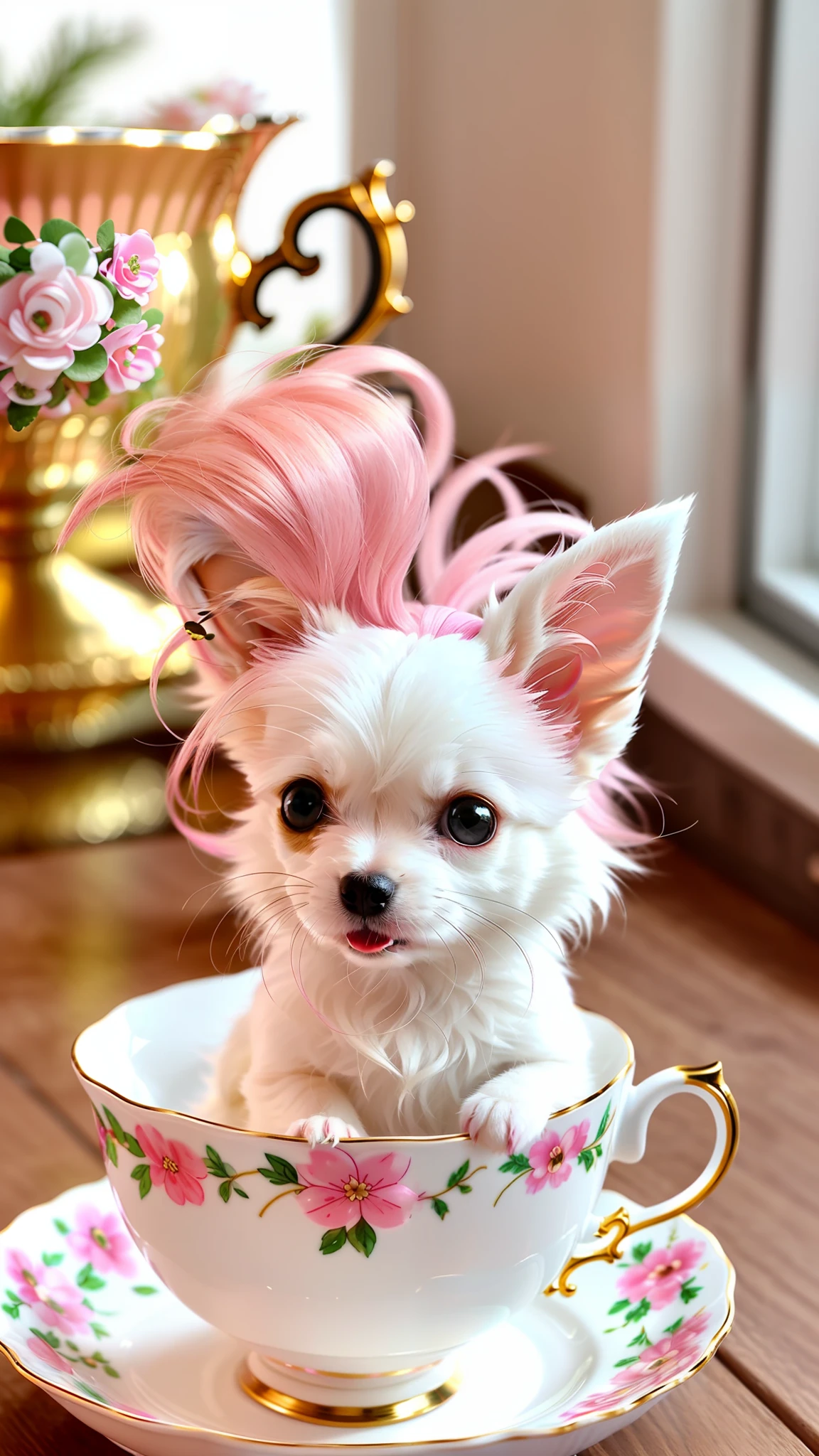 Cute little white Chihuahua in teacup, big eyes, 8k, delicate, clear, (pink fluffy hair tail) ((real)), paws sticking out teacup, sticking out tongue, smile, cute hairpins, ((cute)), ((small)), professional photographer, professional photography, (((hair fluffy)), antique plate with good texture, (face sticking out of teacup), indoors, sunlight, light leakage, realistic like photos, curly hair worn on ears, pink, golden