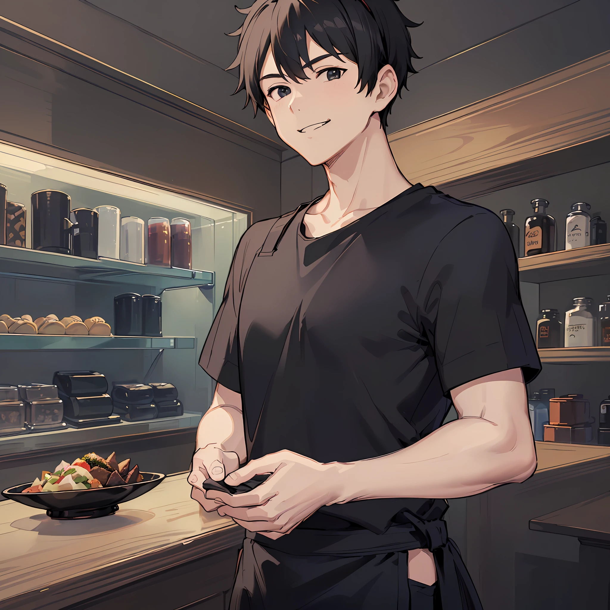 masterpiece, high quality, 1 man, smile, standing, ((very wide shot)), ((a simple black T-shirt on the upper body)), ((wearing a short black sarong apron)), black hair, short hair, ((black bandana on the head)), ((wearing long black slacks)) , at the restaurant