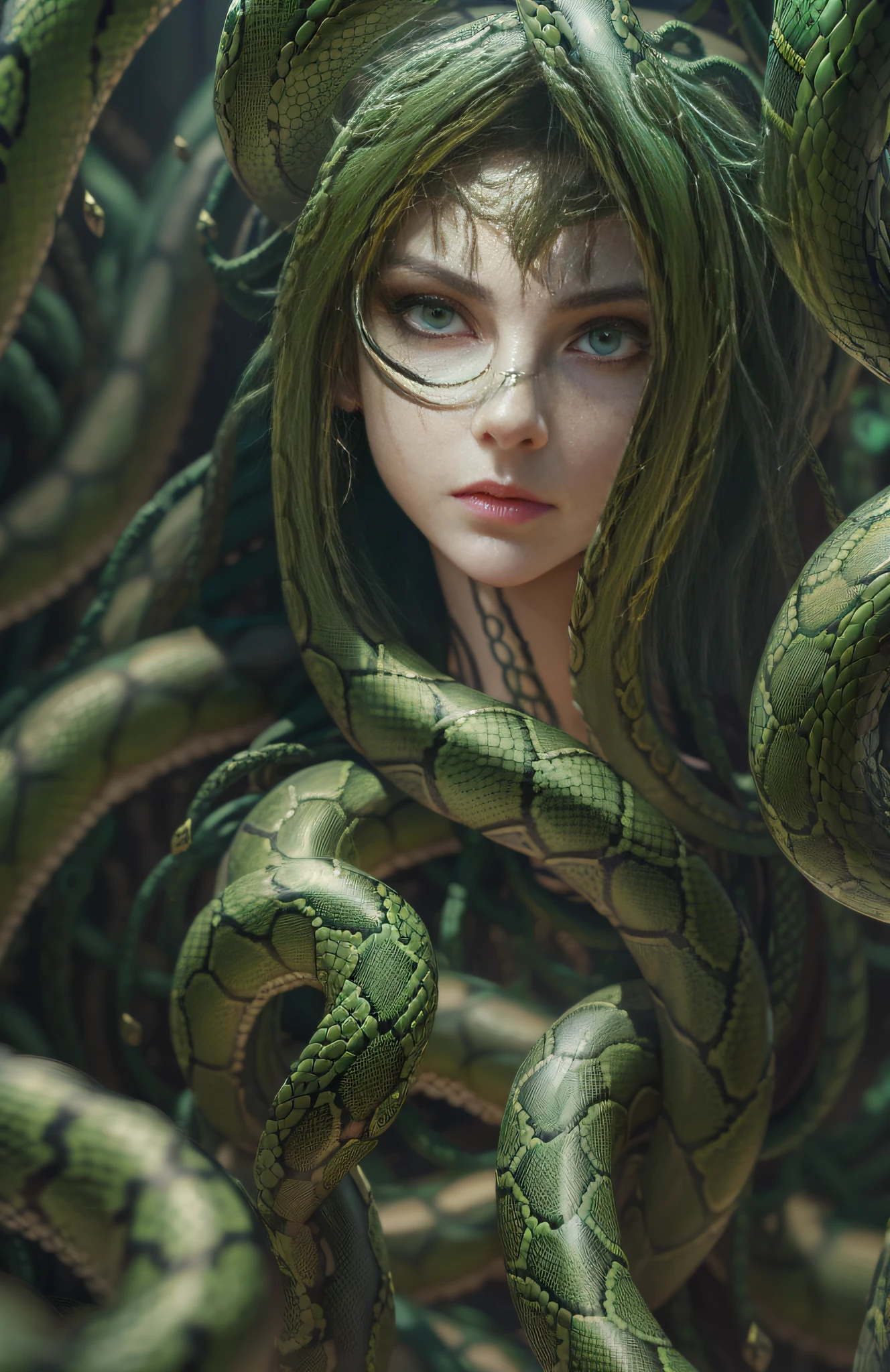 ((best quality)), ((masterpiece)), ((realistic)), Medusa, full body, the hair is composed of countless small snakes, green eyes, female face, metal carved top, royal aura, trend on artstation , sharp focus, studio photo, intricate detail, very detailed, detailed eye, illustration, very detailed, sharp focus, digital render, professional, 4k