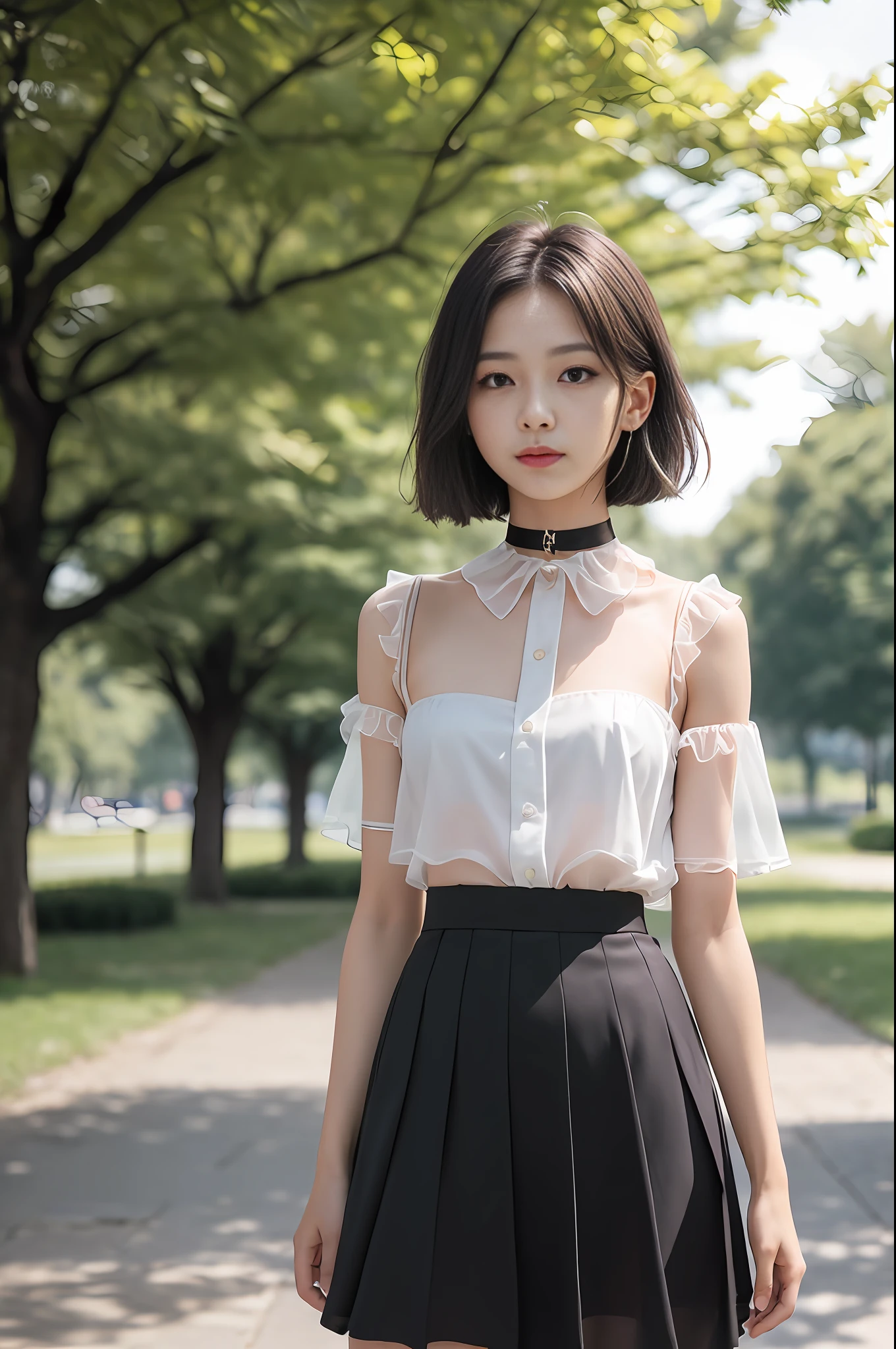 18-year-old woman, long-haired, RAW photos, bokeh (realism: 1.4, realistic), high-definition CG unified 8K wallpaper, 1 girl, (((Slim body: 1)), ((Slim body: 1)), Back to the viewer, (Direct view from the front)), (HQ Skin: 1.4), 8k UHD, DSLR, Soft light, High Quality, Film Grain, Fujifilm XT3, ((Uniform, Short Skirt, Choker, See-through open skirt: 1.5)), ((outdoors, in the park))), Changju, portrait, ((layered short haircut, black hire)), (viewers: 1.4), (full body: 1.8), short cut skirt, yellow