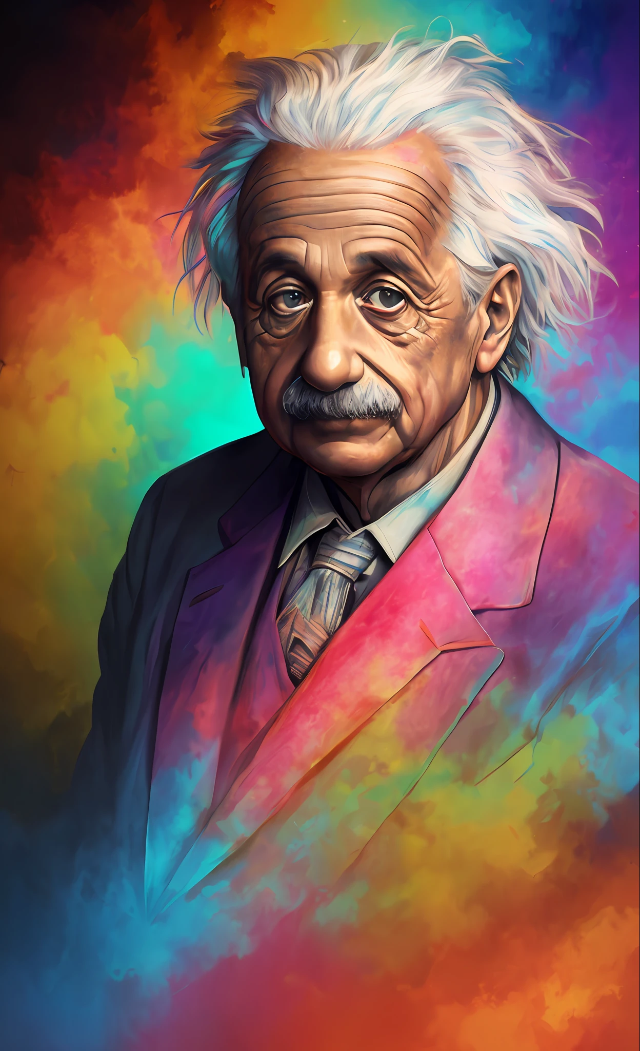 Albert Einstein 4k, realistic, portrait, looking at camera, cinema lighting, colorful, real skin