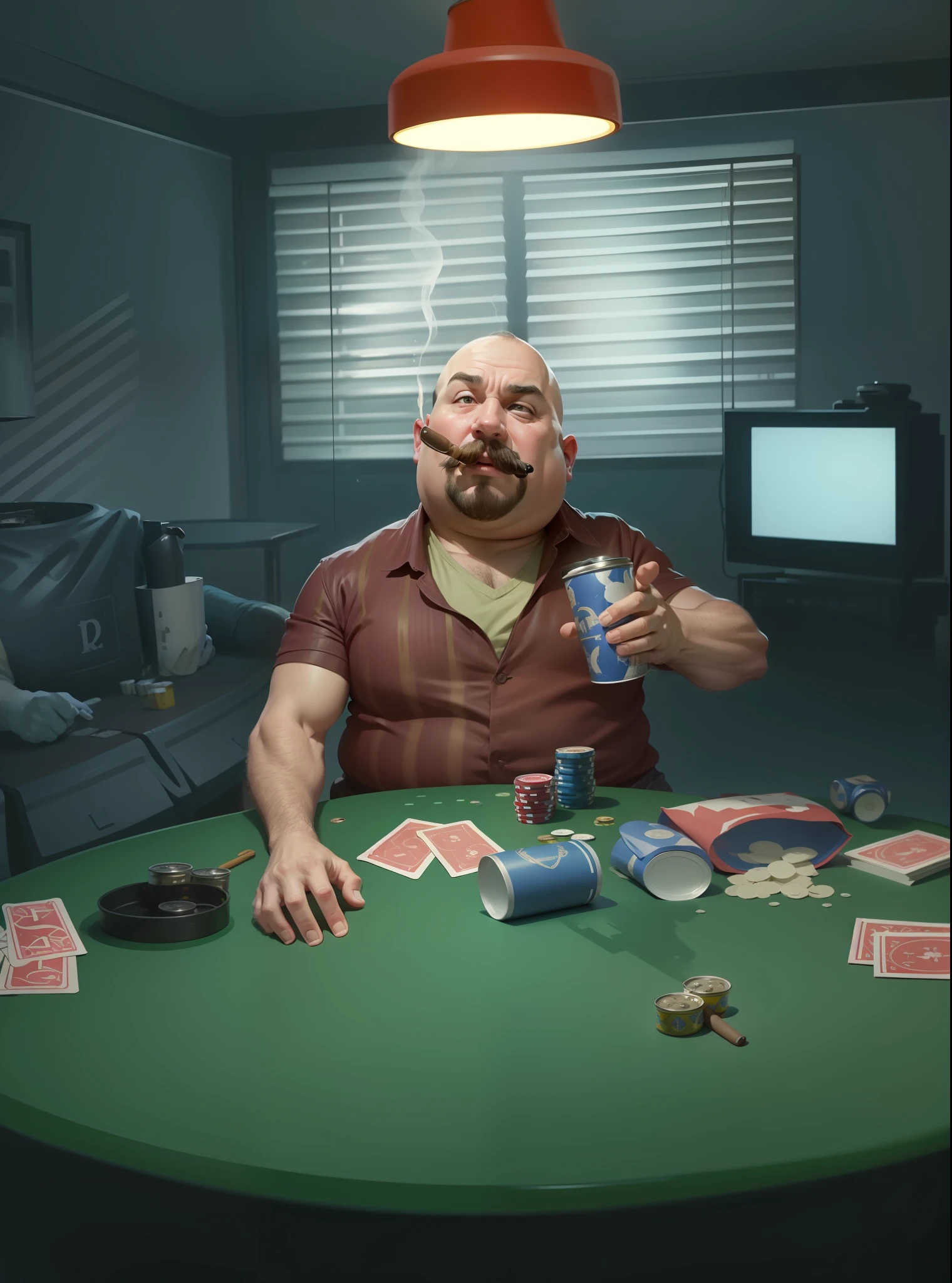 4k, realistic, very detailed, bald and fat man, with a small mustache and a cigar in his mouth. It's at a messy poker table, with empty cans strewn about.
