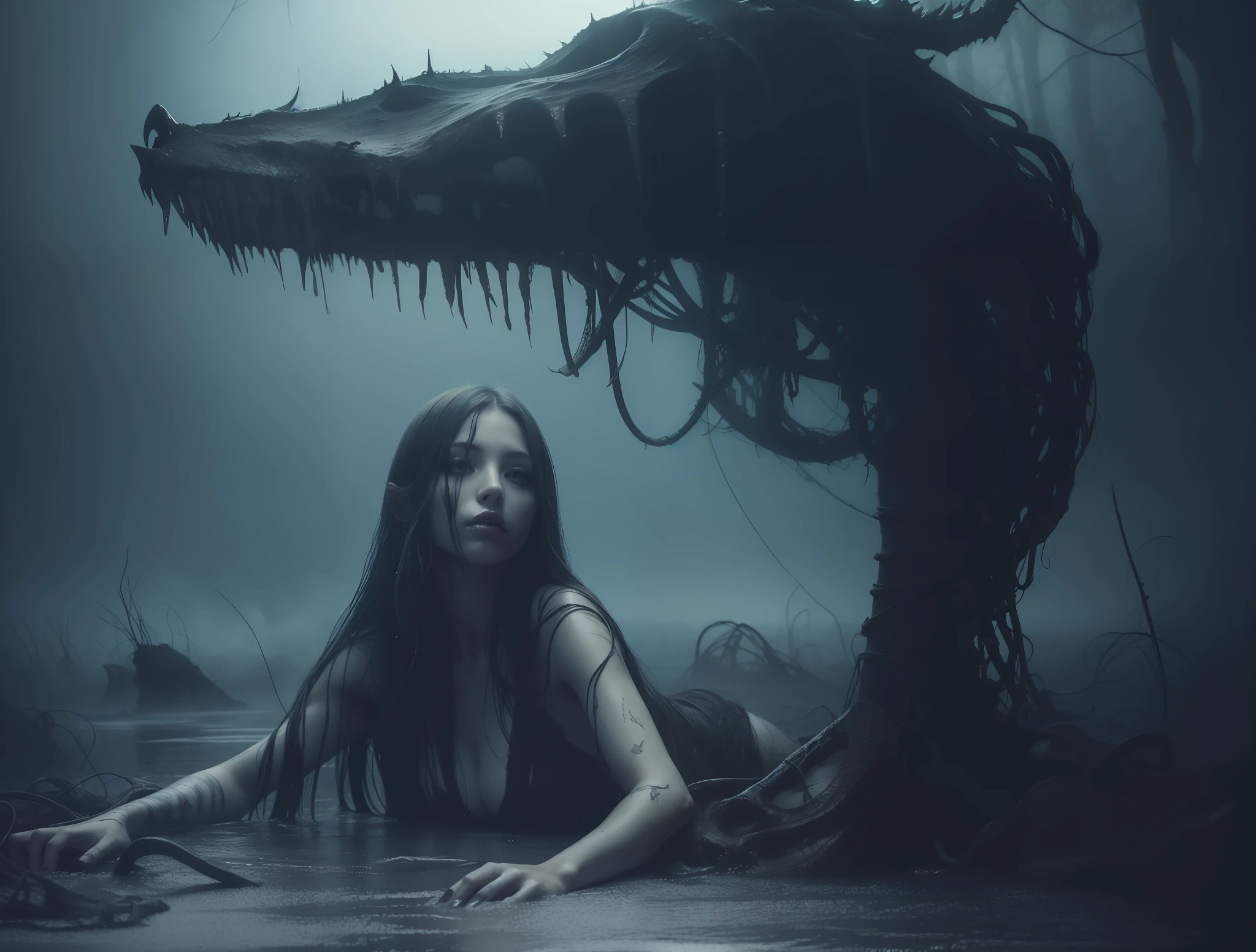 Fantasy realism, photo of 1 beautiful girl, submerged in a lake of twisted arms and legs, dark horror, (dark atmosphere:1.2), (fog & smoke), blood, scars, (dark medium length disheveled hair:1.1), (eyeshadow:1.1), (beautifully detailed glow:1.2), (Cinematic lighting), intricate detail, highres, sharp focus, smooth, aesthetic,