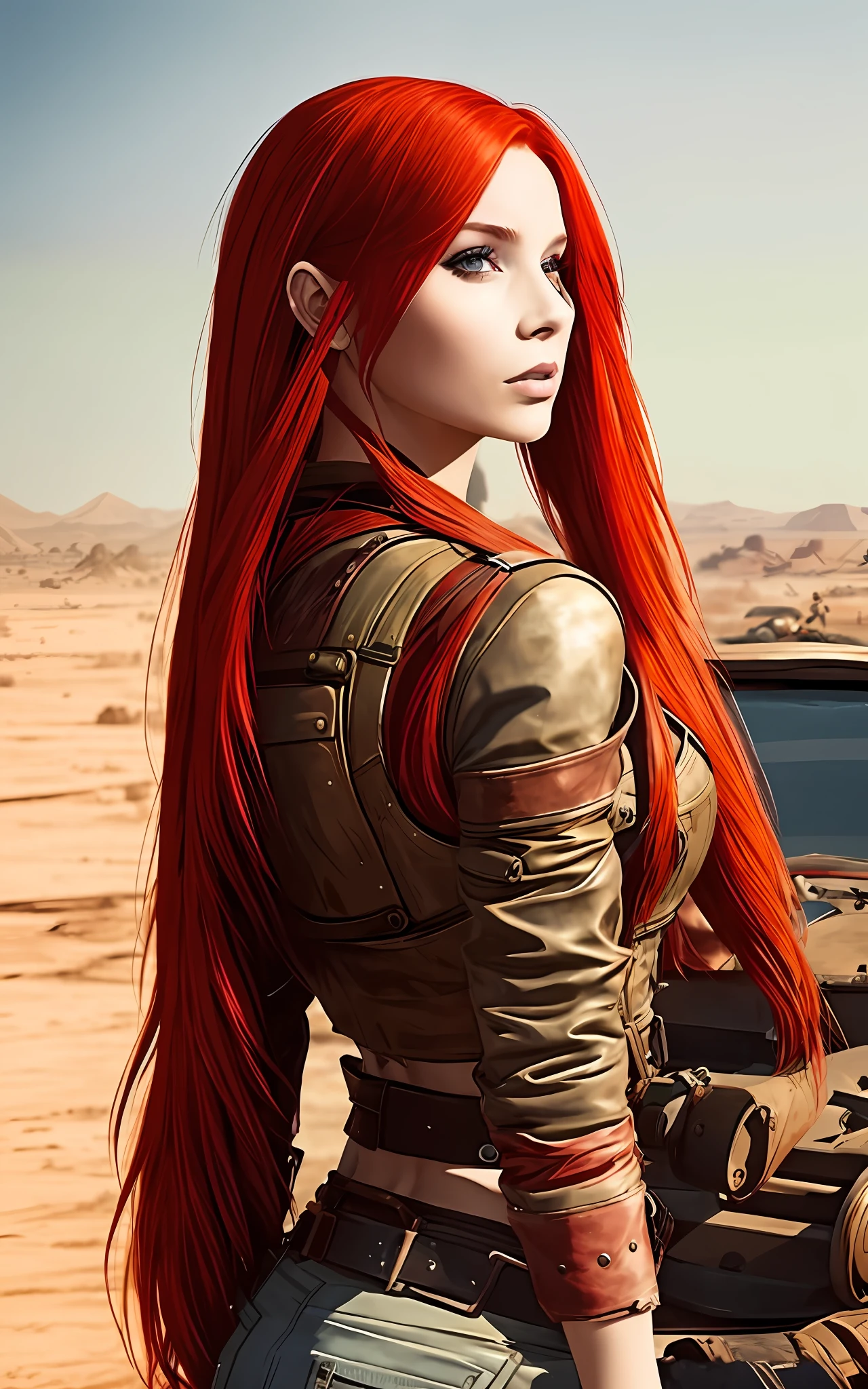 arafed woman with red hair and leather jacket standing in front of a tank, redhead female cyberpunk, alena aenami and artgerm, red haired goddess, wojtek fus, with long red hair, she has red hair, redhead queen in heavy red armor, she has long redorange hair, red hair girl, with red hair, red wig