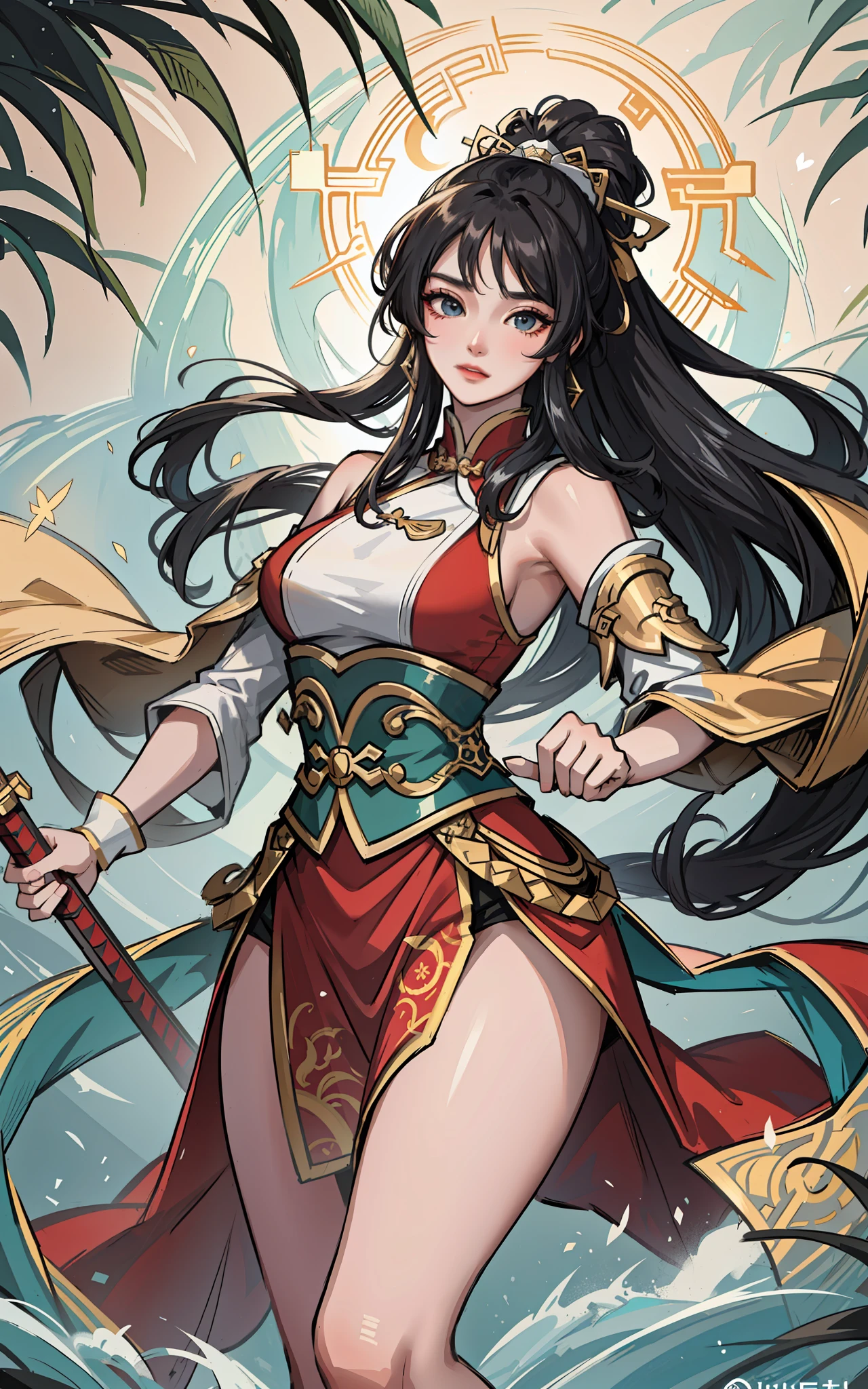 A classic masterpiece of Mulan, Chinese martial arts style, (red robe flowing), heroic and sassy, hand waving long sword, kung fu moves, flowing long hair, exquisite jewelry, delicate hair accessories, long sword, messy super long hair, perfect face, beautiful character painting, beautiful digital artwork, WLOP Rossdraws, 8k uhd, SLR, soft light, high quality, volumetric lighting, high resolution, 8k, background bokeh, highest art composition, paintings in the exhibition, (ray tracing), bamboo forest, bamboo leaves scattered around, green leaves flying everywhere, wind blowing bamboo forest, Zhang Yimou film style, firm eyes, big eyes, sword eyebrows, double eyelids, long eyelashes, real skin, thin waist, sun flare, complex clothes, dynamic composition, light makeup, will be deeply attracted by the characters in the painting, rich picture, Chinese dragon, imaginative painting, flowing clouds, ink lines describing the action, sweat on the head, half-length close-up, sword in hand, the movements of the martial arts performance team, the perspective from the bottom up, Chinese style, Absolutely beautiful picture, not exposed, movie propaganda poster style, real skin, fair skin, digital illustrations, qigong affects the surrounding air to produce fluctuations, detailed water surface reflection, dense bamboo forest, dense leaves, blue gas flow on the sword, fantasy martial arts, exquisite face, detailed painting of the face, perfect hands, wearing boots, shoulder armor, ancient Chinese breastplate, sword pinned behind, high ponytail, full face, full forehead, 28 years old, (RAW photo, best quality), (realistic, photo-realistic:1.3), best quality, highly detailed, masterpiece, ultra-detailed, illustration, 1girl, upper_body, dynamic angle, world mastery theater, messy_ long_hair, best quality, extremely detailed CG unity 8k wallpaper, ink, amazing, movie lighting, lens_flare, dunhuang_style, heavy rain, water all over, cloudy day, fog surrounding, wonderland, Chinese land