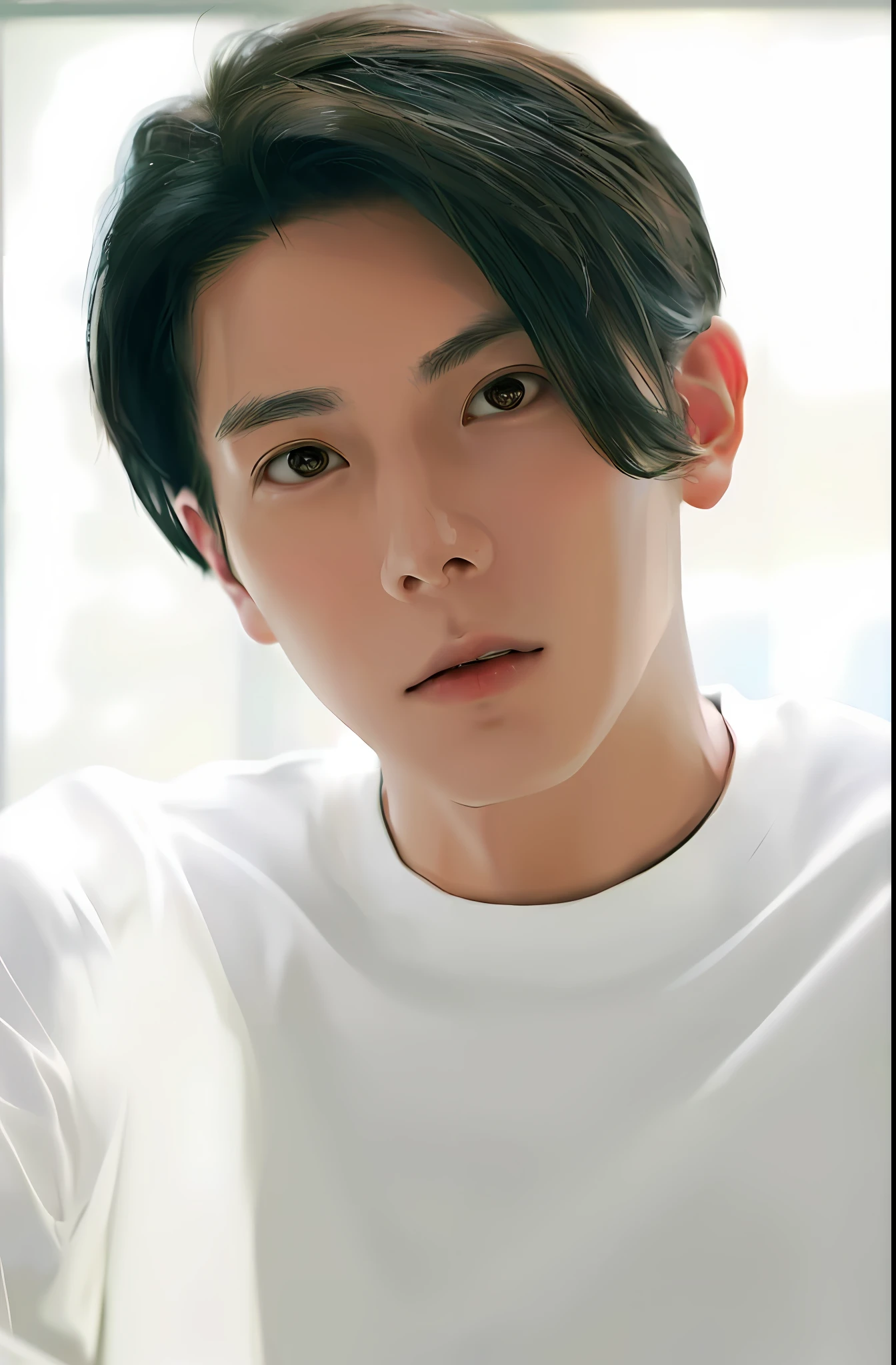 a close up of a man with a white shirt and a white shirt, kim doyoung, yanjun chengt, taejune kim, cai xukun, wonbin lee, hyung tae, araki, korean artist, hong june hyung, jin shan, inspired by Bian Shoumin, mingchen shen, handsome chad chin, tsurumaki kazuya portrait of a boy, handsome, (face:1.2), short hair, cloud, sunlight, cinematic light, 8K, hd. --auto --s2