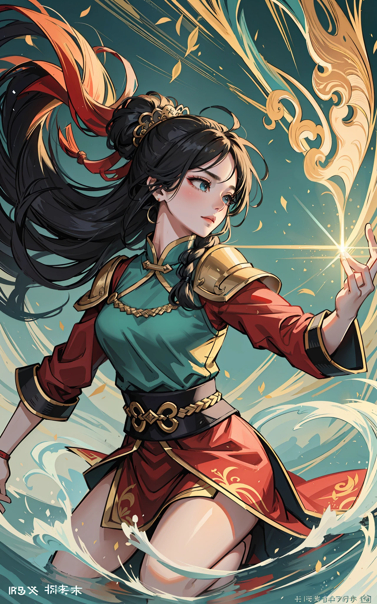 A classic masterpiece of Mulan, Chinese martial arts style, (red robe flowing), heroic and sassy, hand waving long sword, kung fu moves, flowing long hair, exquisite jewelry, delicate hair accessories, long sword, messy super long hair, perfect face, beautiful character painting, beautiful digital artwork, WLOP Rossdraws, 8k uhd, SLR, soft light, high quality, volumetric lighting, high resolution, 8k, background bokeh, highest art composition, paintings in the exhibition, (ray tracing), bamboo forest, bamboo leaves scattered around, green leaves flying everywhere, wind blowing bamboo forest, Zhang Yimou film style, firm eyes, big eyes, sword eyebrows, double eyelids, long eyelashes, real skin, thin waist, sun flare, complex clothes, dynamic composition, light makeup, will be deeply attracted by the characters in the painting, rich picture, Chinese dragon, imaginative painting, flowing clouds, ink lines describing the action, sweat on the head, half-length close-up, sword in hand, the movements of the martial arts performance team, the perspective from the bottom up, Chinese style, Absolutely beautiful picture, not exposed, movie propaganda poster style, real skin, fair skin, digital illustrations, qigong affects the surrounding air to produce fluctuations, detailed water surface reflection, dense bamboo forest, dense leaves, blue gas flow on the sword, fantasy martial arts, exquisite face, detailed painting of the face, perfect hands, wearing boots, shoulder armor, ancient Chinese breastplate, sword pinned behind, high ponytail, full face, full forehead, 28 years old, (RAW photo, best quality), (realistic, photo-realistic:1.3), best quality, highly detailed, masterpiece, ultra-detailed, illustration, 1girl, upper_body, dynamic angle, world mastery theater, messy_ long_hair, best quality, extremely detailed CG unity 8k wallpaper, ink, amazing, movie lighting, lens_flare, dunhuang_style, heavy rain, water all over, cloudy day, fog surrounding, wonderland, Chinese land