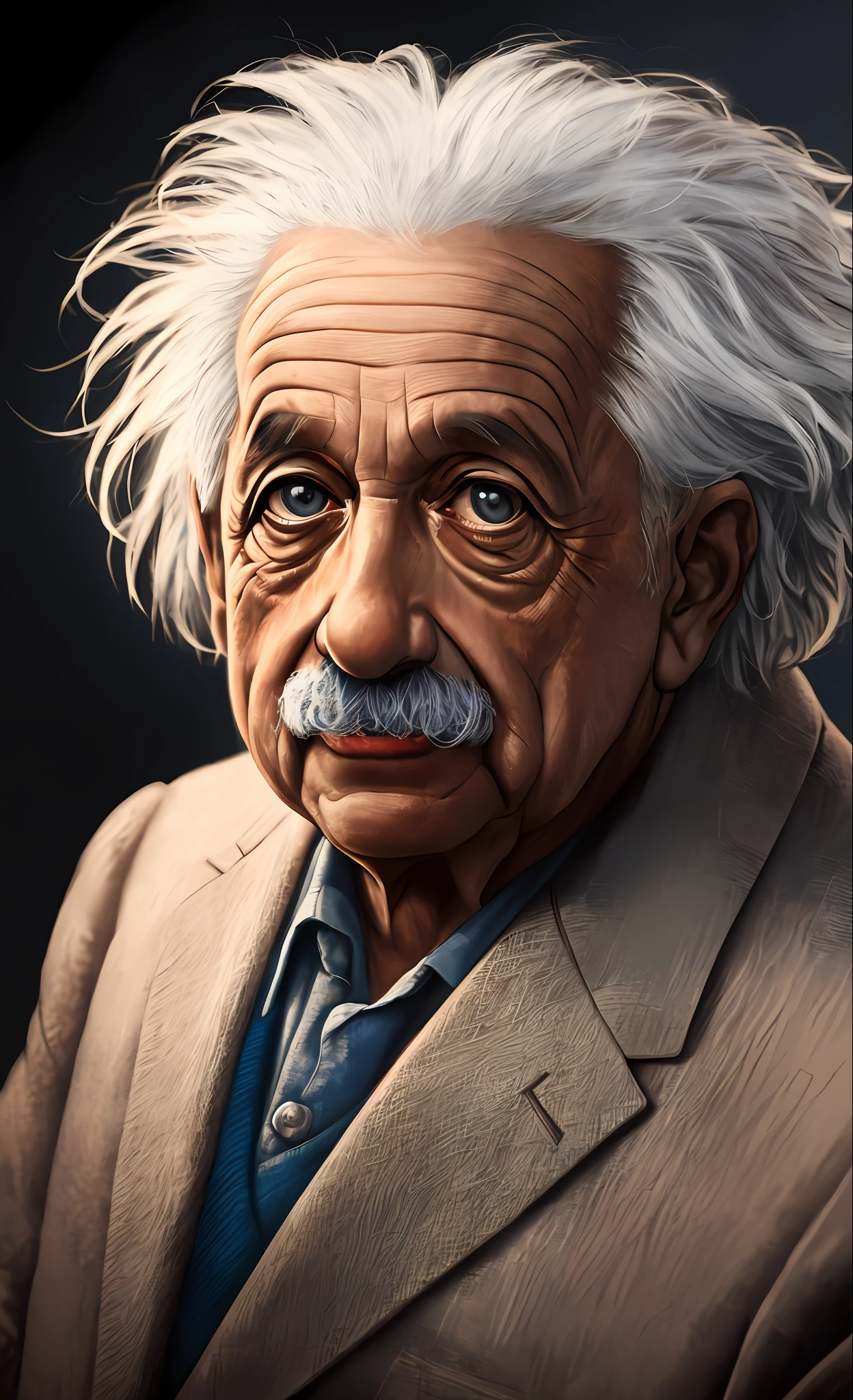 Albert Einstein 4k, realistic, portrait, camera looking, cinema lighting