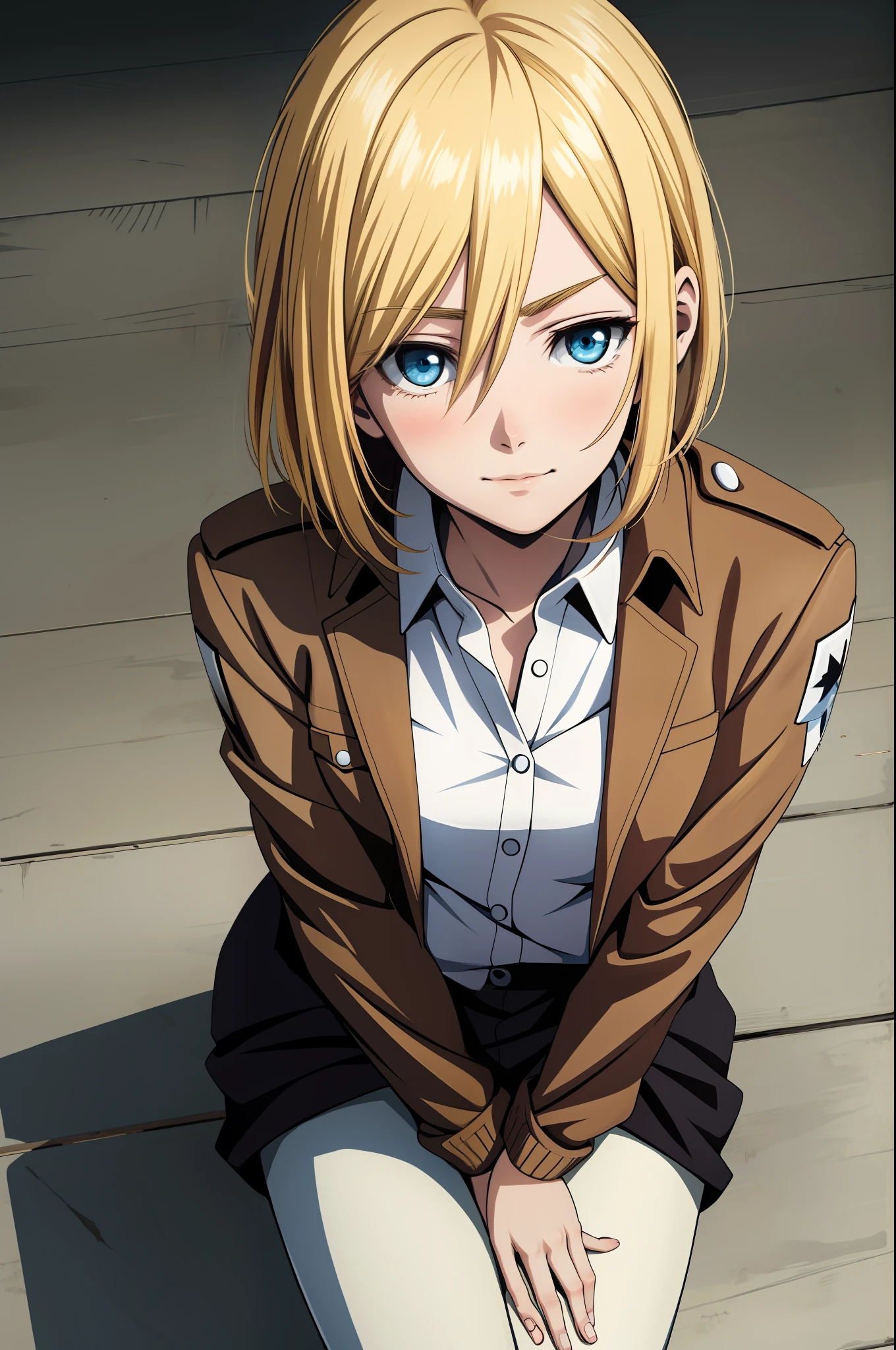 Christa, anime style beautiful woman, 1girl, solo, christa renz, smile, troubled eyebrows, embarrassed, hair between eyes, blue eyes, blonde hair, jacket, medium hair, sitting, upper body, from above, highest quality, high resolution.