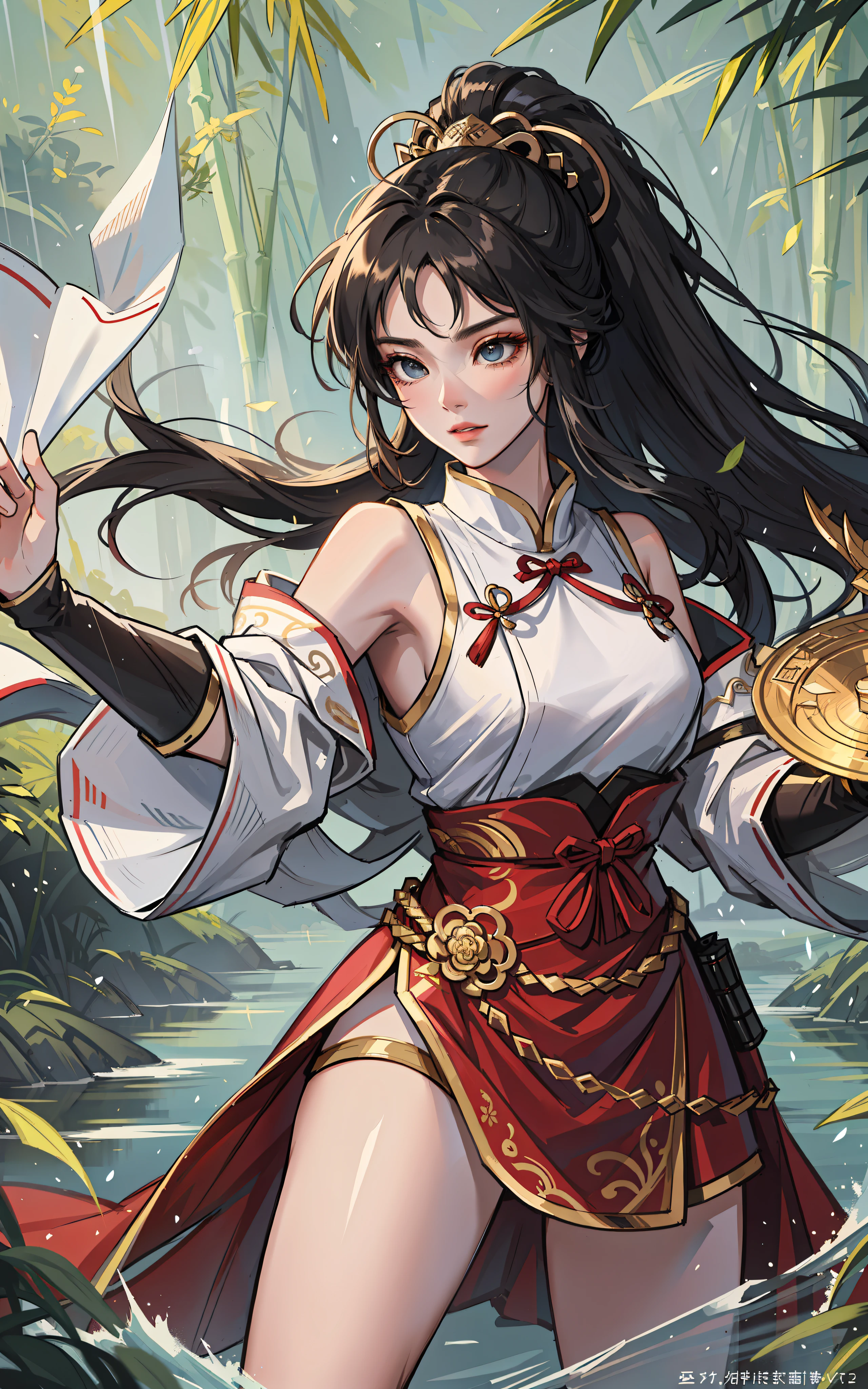 A classic masterpiece of Mulan, Chinese martial arts style, (red robe flowing), heroic and sassy, hand waving long sword, kung fu moves, flowing long hair, exquisite jewelry, delicate hair accessories, long sword, messy super long hair, perfect face, beautiful character painting, beautiful digital artwork, WLOP Rossdraws, 8k uhd, SLR, soft light, high quality, volumetric lighting, high resolution, 8k, background bokeh, highest art composition, paintings in the exhibition, (ray tracing), bamboo forest, bamboo leaves scattered around, green leaves flying everywhere, wind blowing bamboo forest, Zhang Yimou film style, firm eyes, big eyes, sword eyebrows, double eyelids, long eyelashes, real skin, thin waist, sun flare, complex clothes, dynamic composition, light makeup, will be deeply attracted by the characters in the painting, rich picture, Chinese dragon, imaginative painting, flowing clouds, ink lines describing the action, sweat on the head, half-length close-up, sword in hand, the movements of the martial arts performance team, the perspective from the bottom up, Chinese style, Absolutely beautiful picture, not exposed, movie propaganda poster style, real skin, fair skin, digital illustrations, qigong affects the surrounding air to produce fluctuations, detailed water surface reflection, dense bamboo forest, dense leaves, blue gas flow on the sword, fantasy martial arts, exquisite face, detailed painting of the face, perfect hands, wearing boots, shoulder armor, ancient Chinese breastplate, sword pinned behind, high ponytail, full face, full forehead, 28 years old, (RAW photo, best quality), (realistic, photo-realistic:1.3), best quality, highly detailed, masterpiece, ultra-detailed, illustration, 1girl, upper_body, dynamic angle, world mastery theater, messy_ long_hair, best quality, extremely detailed CG unity 8k wallpaper, ink, amazing, movie lighting, lens_flare, dunhuang_style, heavy rain, water all over, cloudy day, fog surrounding, wonderland, Chinese landscape, artistic conception, (golden ratio composition),