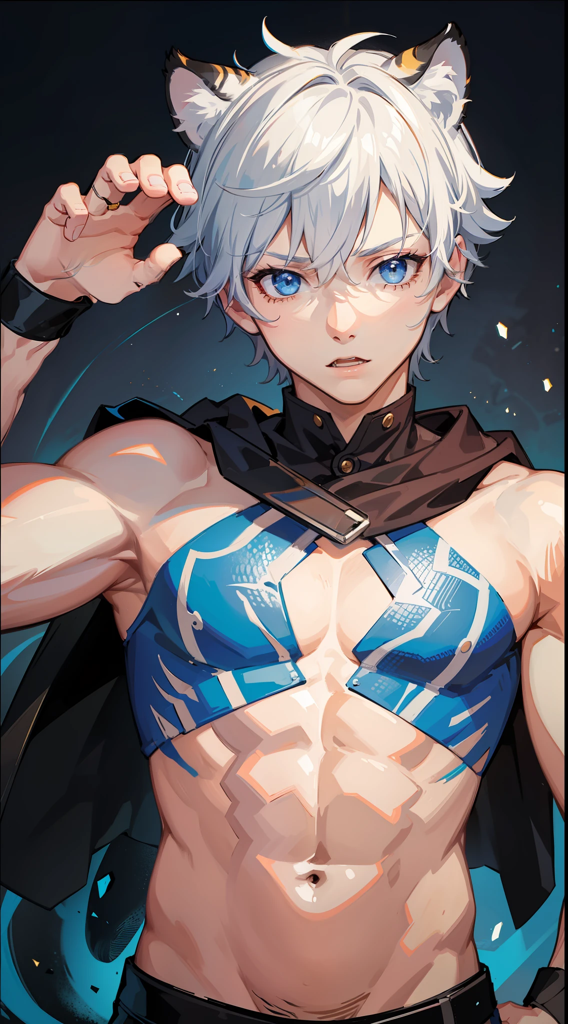 , toddler, short white hair, cat ears, blue eyes, body scars, tiger tattoo, superhero costume, open torso, masterpiece, high quality