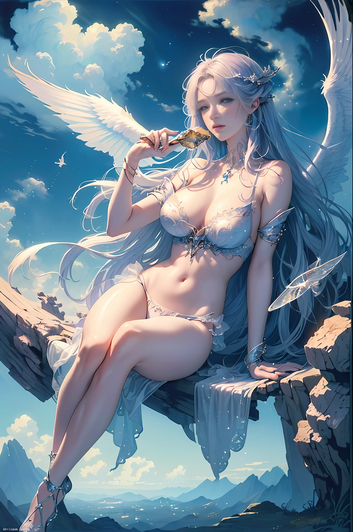((best quality)), ((masterpiece)), (detailed), alluring Incubus, ethereal beauty, perched on a cloud, (fantasy illustration:1.3), enchanting gaze, captivating pose, delicate wings, otherworldly charm, mystical sky, (Luis Royo:1.2), (Yoshitaka Amano:1.1), moonlit night, soft colors, (detailed cloudscape:1.3), (high-resolution:1.2)